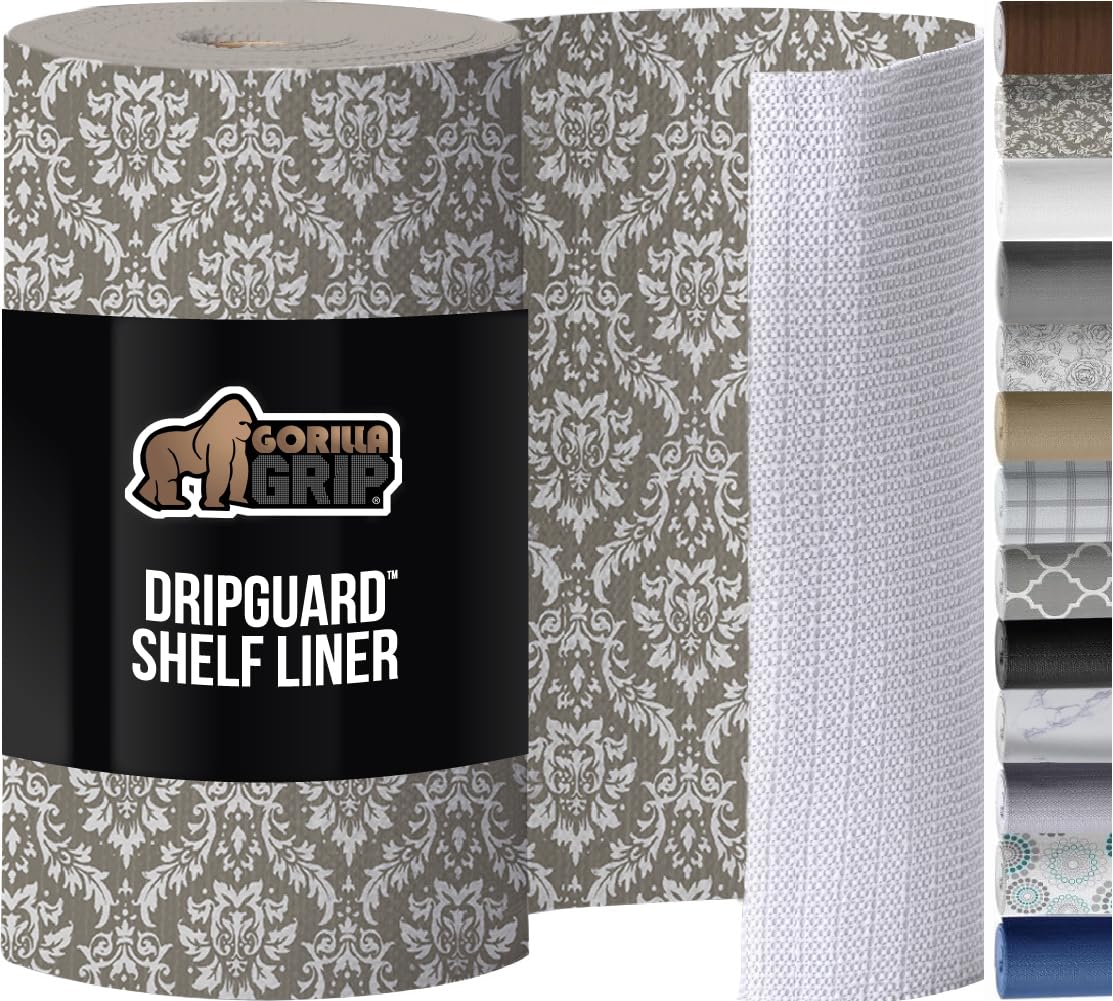 GORILLA GRIP DripGuard Shelf Liner, Non-Adhesive Drawer and Kitchen Cabinet Protector, Strong Grip Slip Resistant Underside, Smooth Surface Liners for Cabinets, Bathroom Closets, 12x240 In Beige Cream