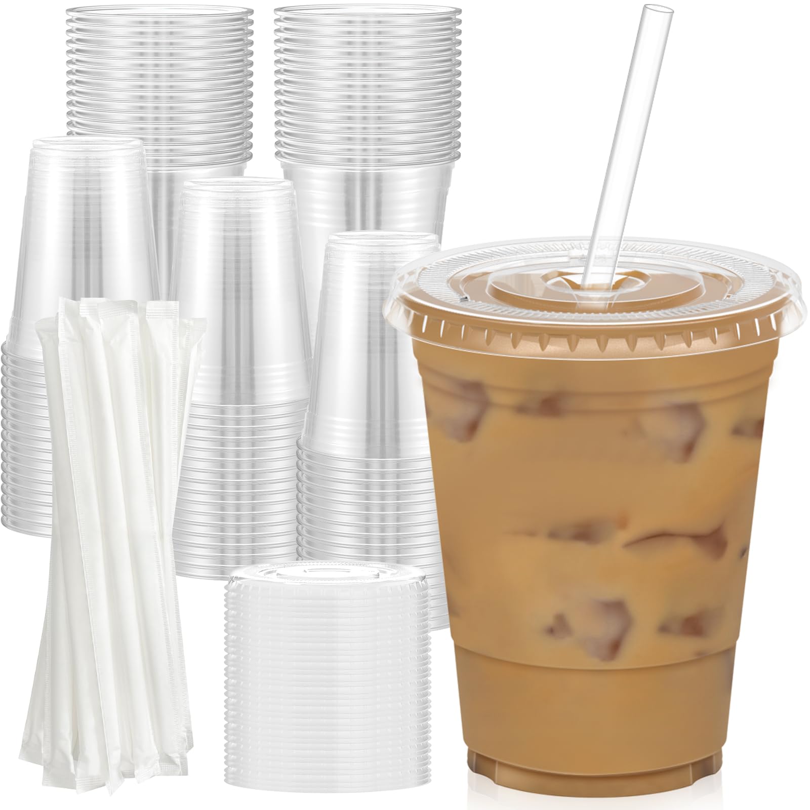100 Pack - 16 oz Clear Plastic Cups with Lids and Straws — Disposable Smoothie Cups