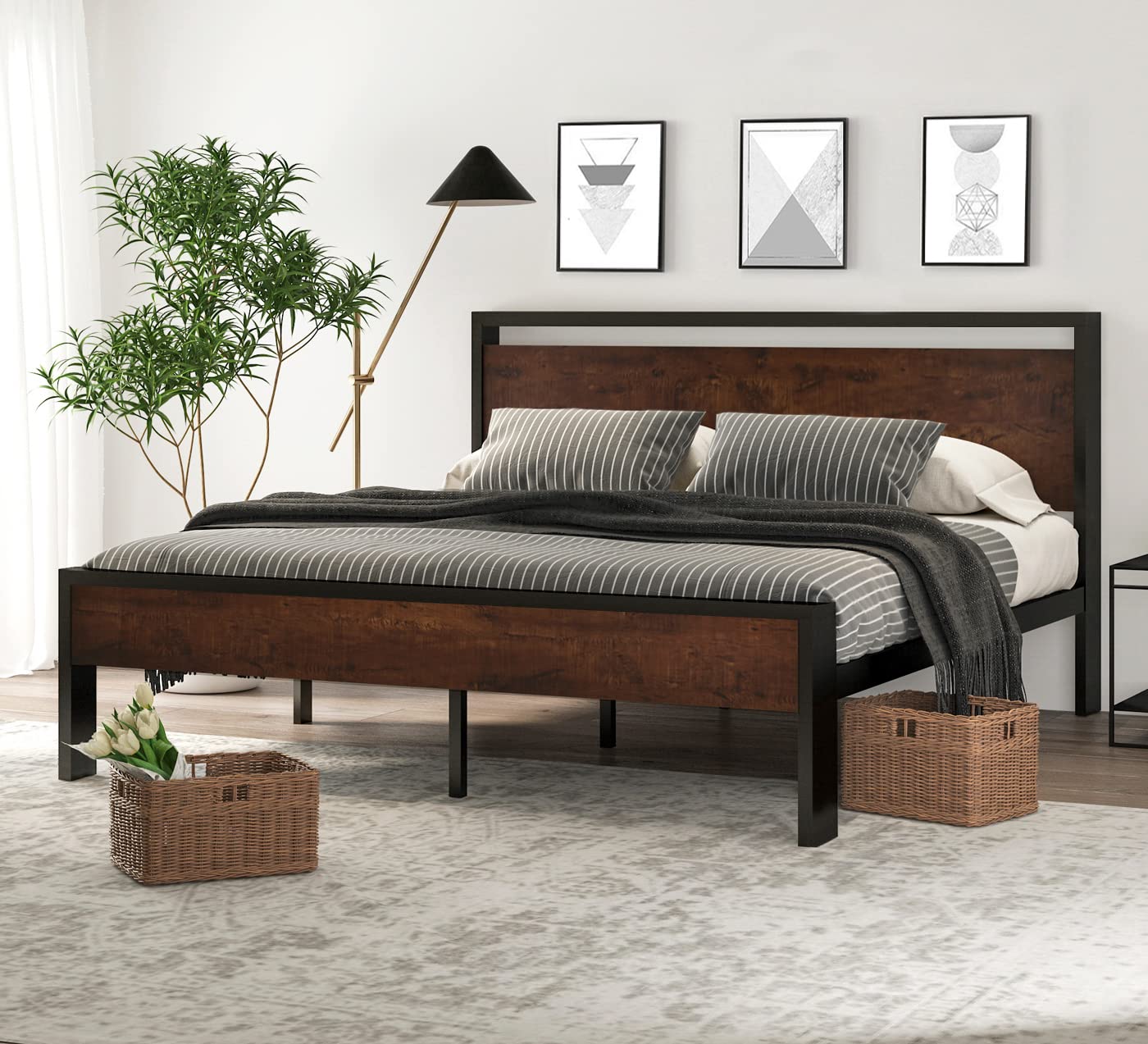 SHA CERLIN Metal Platform Bed Frame with Wood Headboard