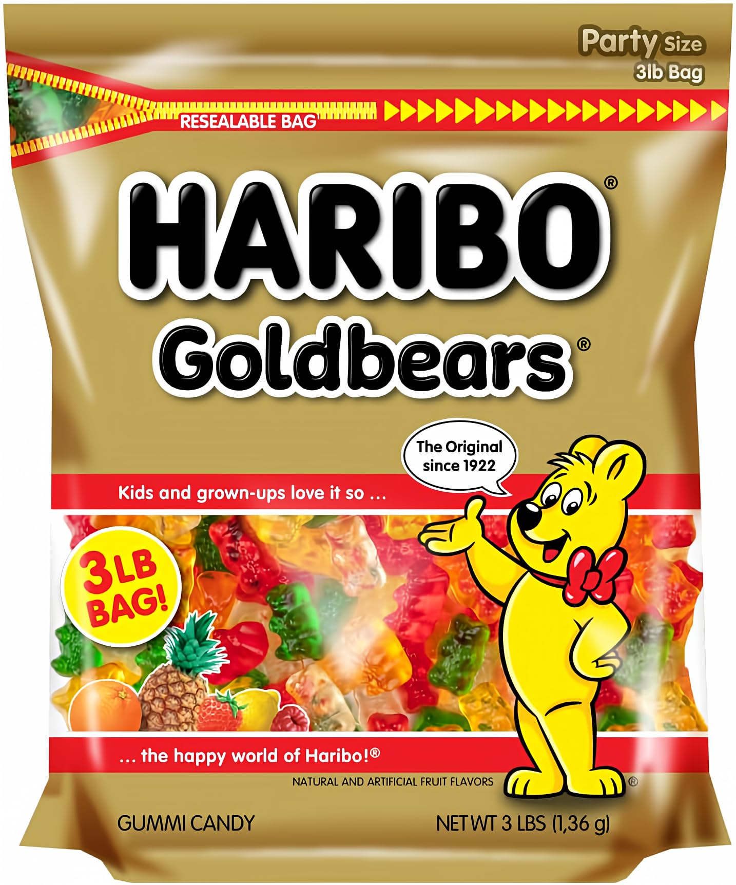 HARIBO Gummi Candy, Original Goldbears Gummy Bears, 3 Pound Resealable Party Size Bag, 48 oz