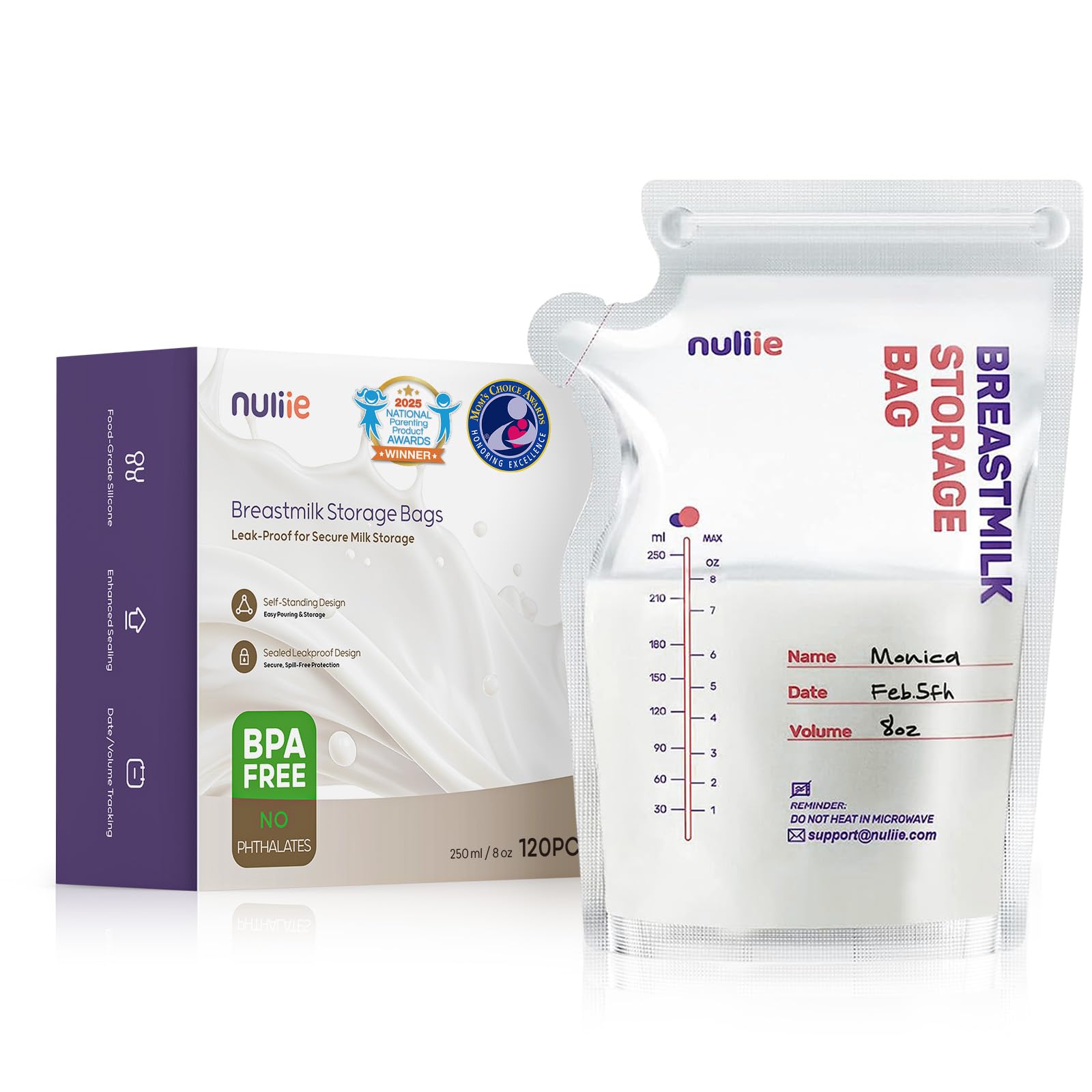 Nuliie 120 Pcs Breastmilk Storage Bags Freezer, 8 OZ Breast Milk Storing Bags, BPA-Free, Milk Storage Bags with Pour Spout for Breastfeeding, Self-Standing Bag, Space Saving Flat Profile 120 Count (Pack of 1)