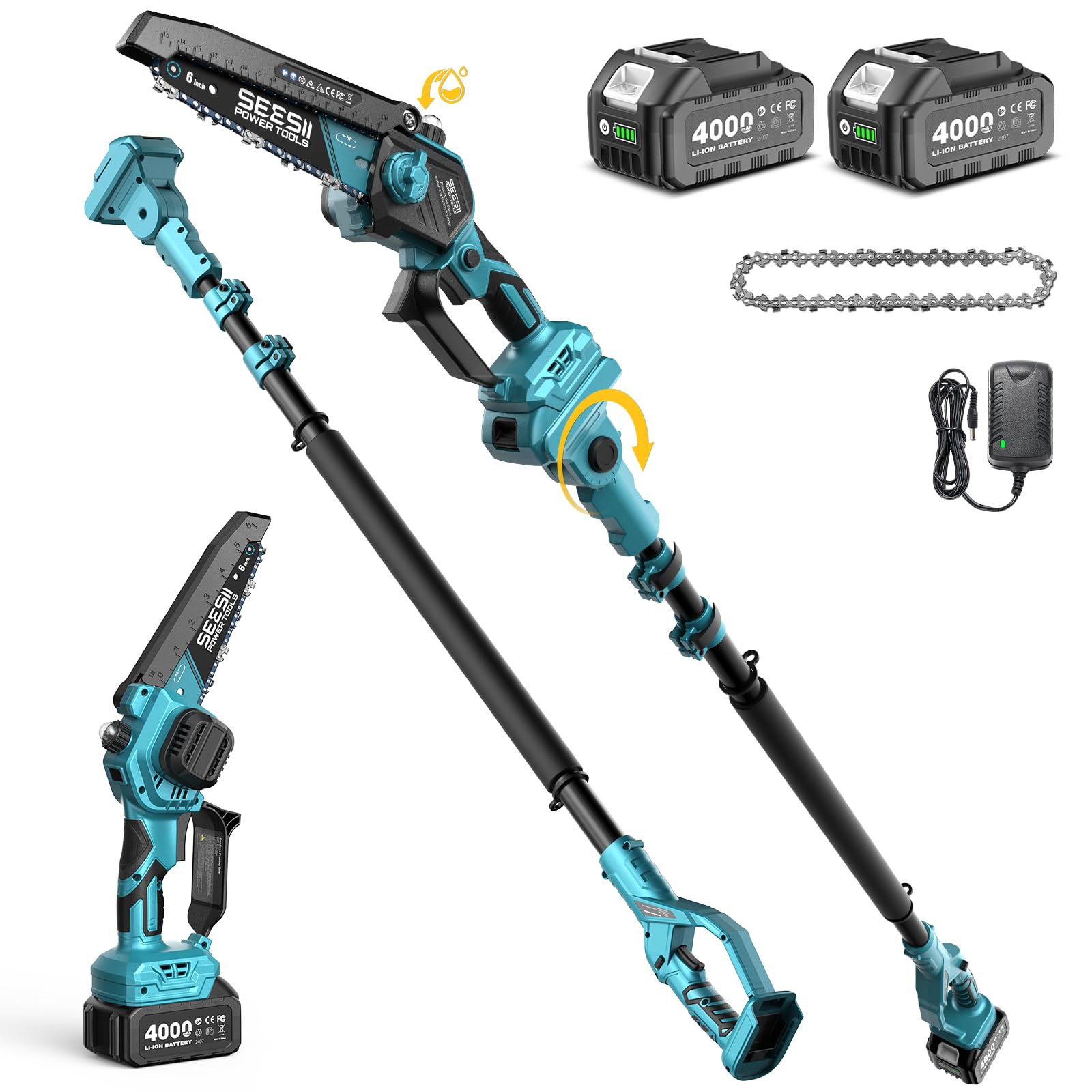 SEESII 2-in-1 Electric Pole Saws: Brushless Mini Chainsaw Cordless 6 Inch, 2 x 4000mAh Batteries, Pole Saw for Tree Trimming,Hand held Chain Saw with Extension Pole for Tree Limb Branch Cutter,P6 Ace Deep Blue