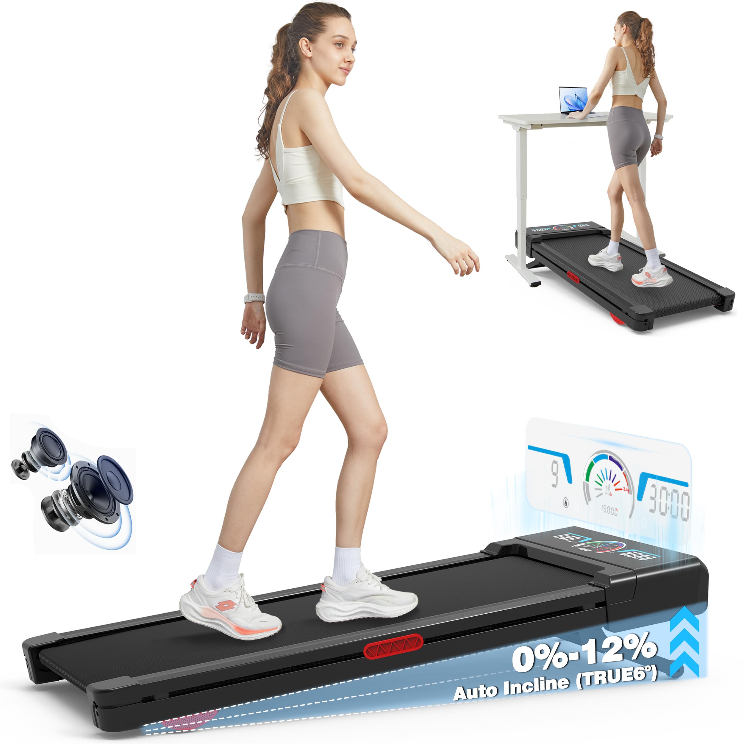 Walking Pad Treadmill with 12% 9-Level Auto Incline, 450 lbs Capacity RGB LED Screen, Bluetooth Speaker Under Desk Treadmill