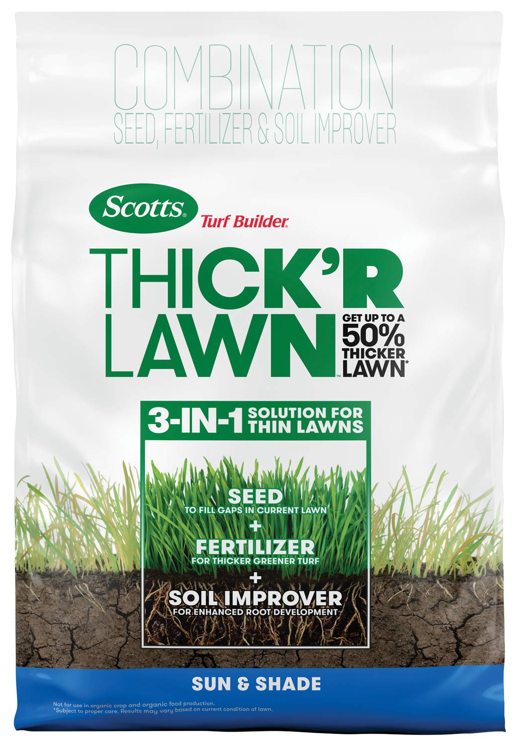 Scotts Turf Builder Thick'R Lawn Sun and Shade, Combination Seed, Fertilizer and Soil Improver, Thickens Thin Grass, 12 lbs. 12 lb.