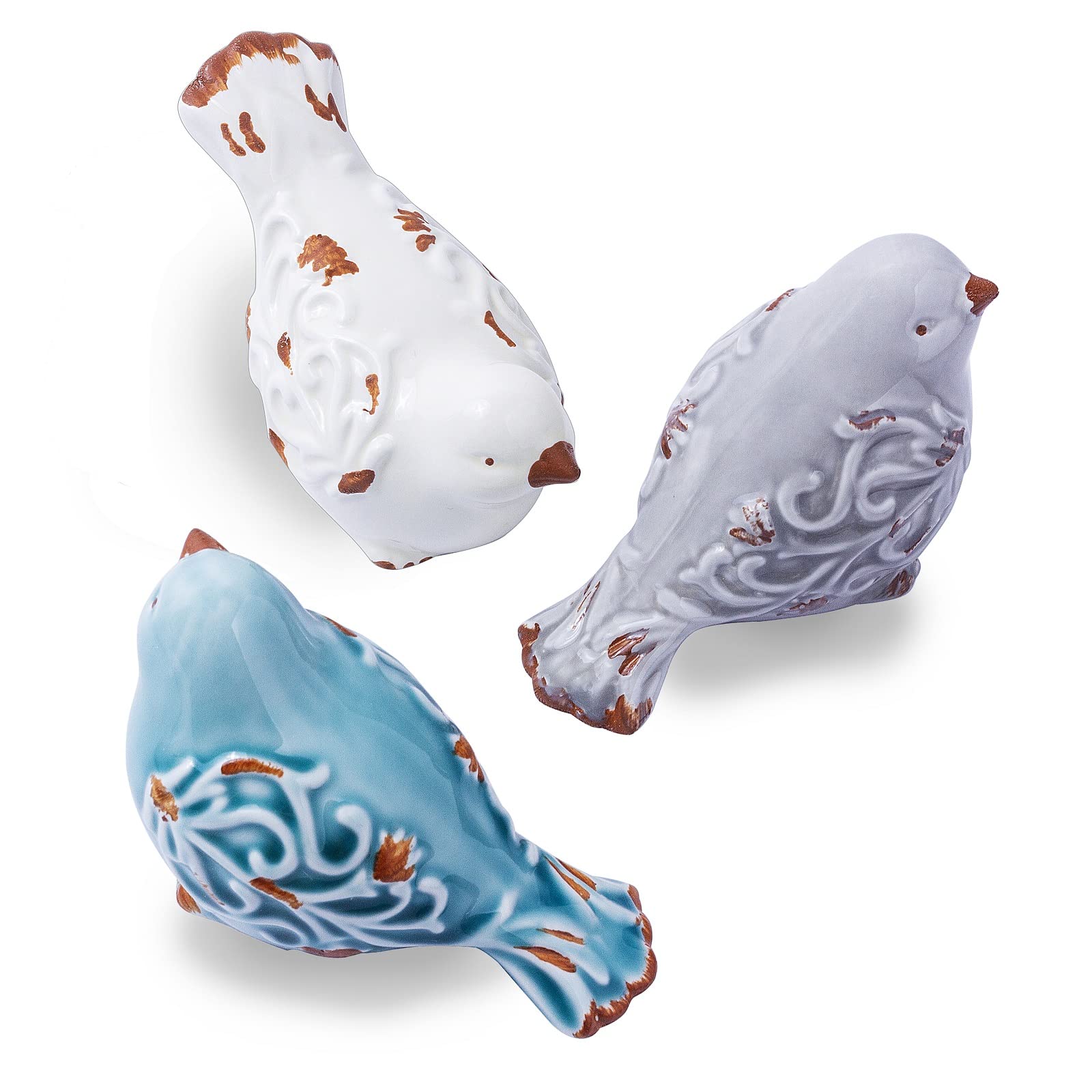 Distressed Ceramic Bird Figurines Set of 3