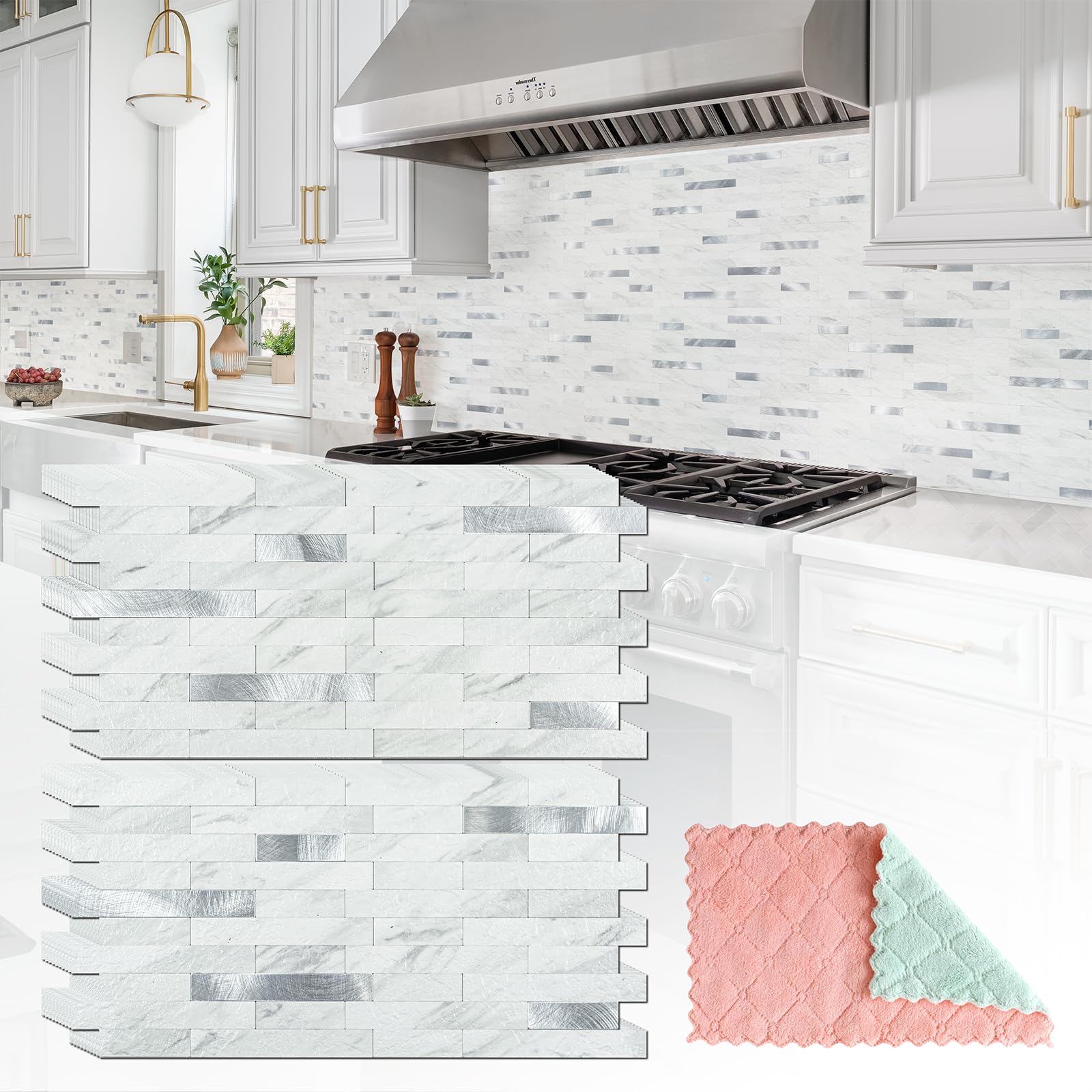 20 Sheets Peel and Stick Backsplash, White Marble with Metal Silver Look