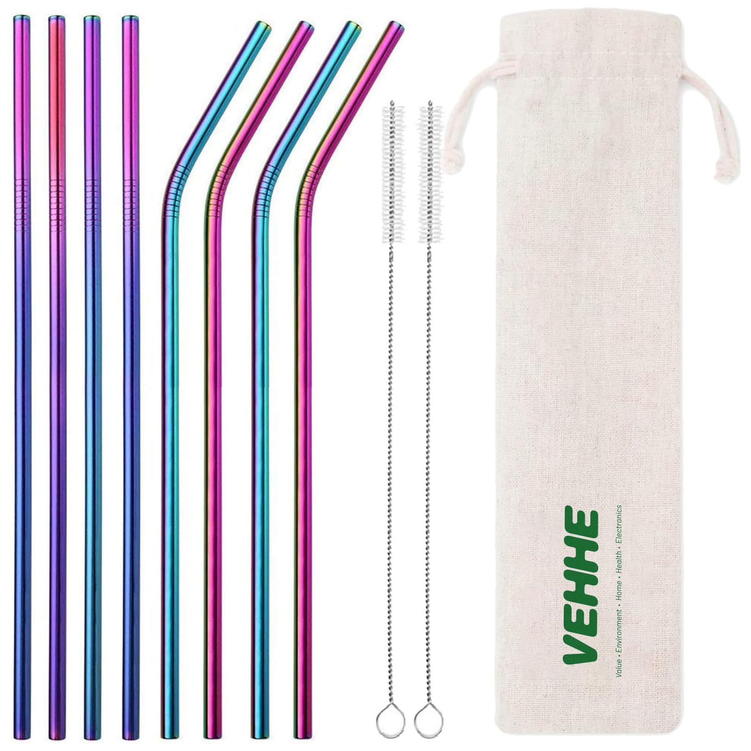 VEHHE Rainbow Stainless Steel Straws 8-Pack