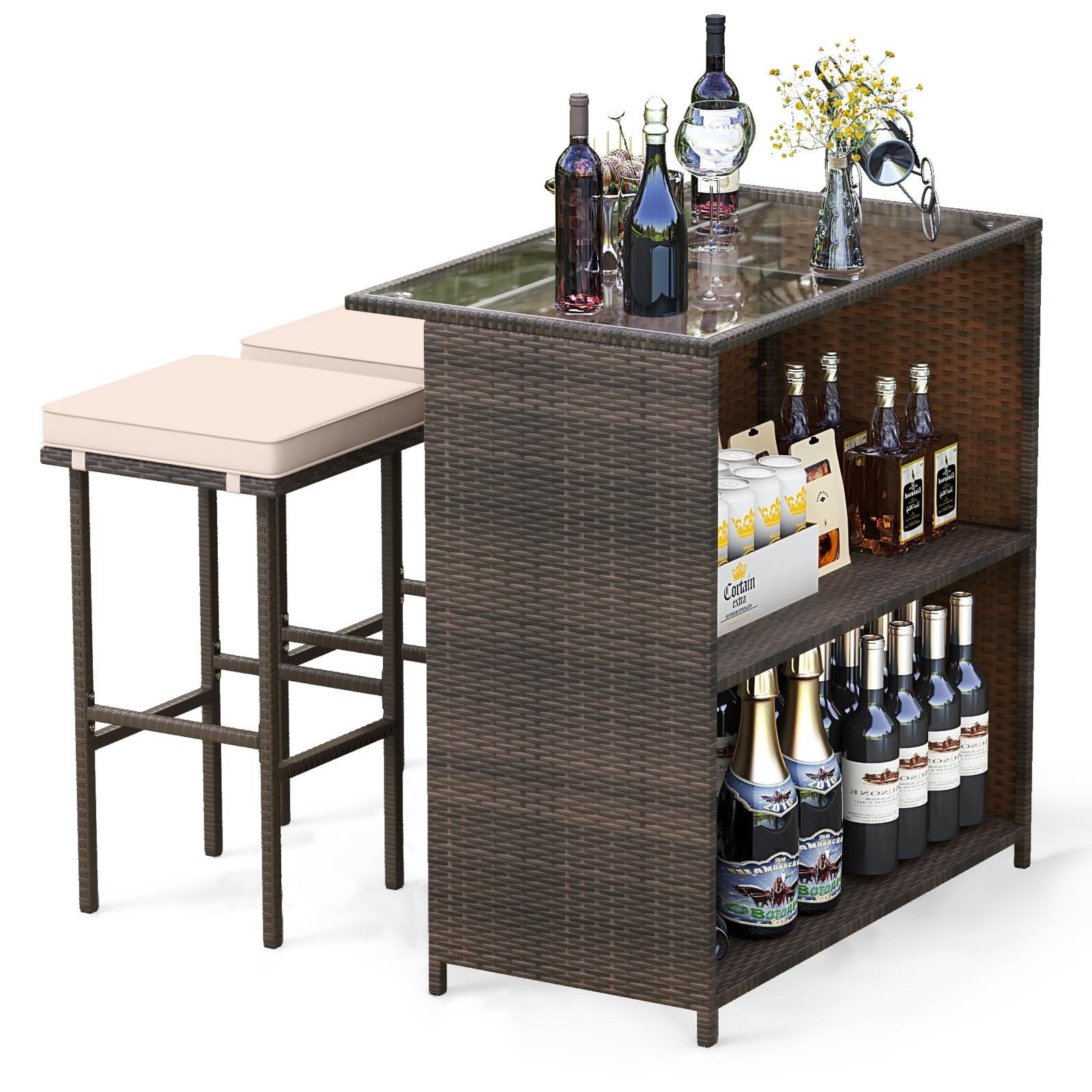 Tangkula 3-Piece Rattan Patio Bar Set
