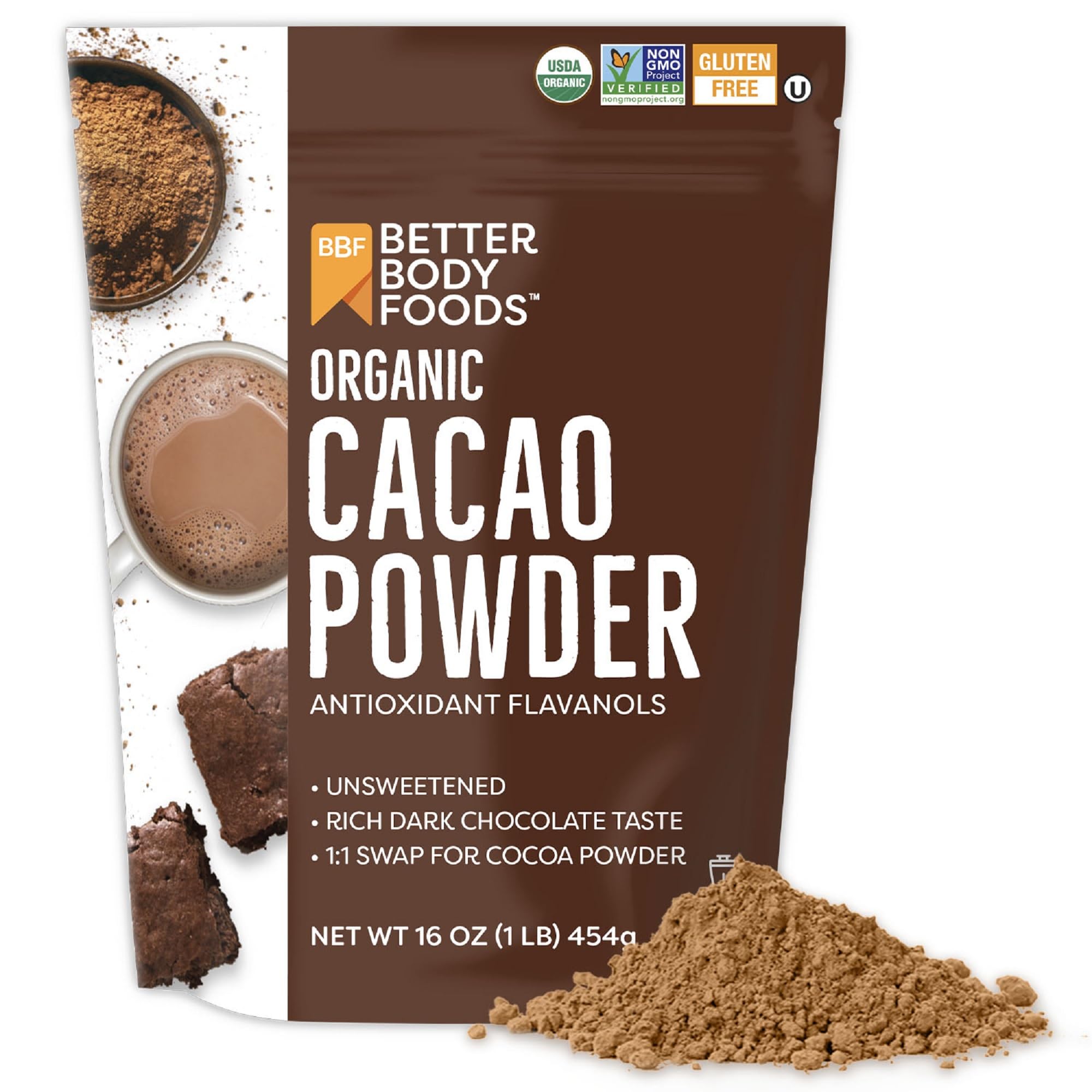 BetterBody Foods Organic Cacao Powder, 16 oz — Rich Chocolate Flavor