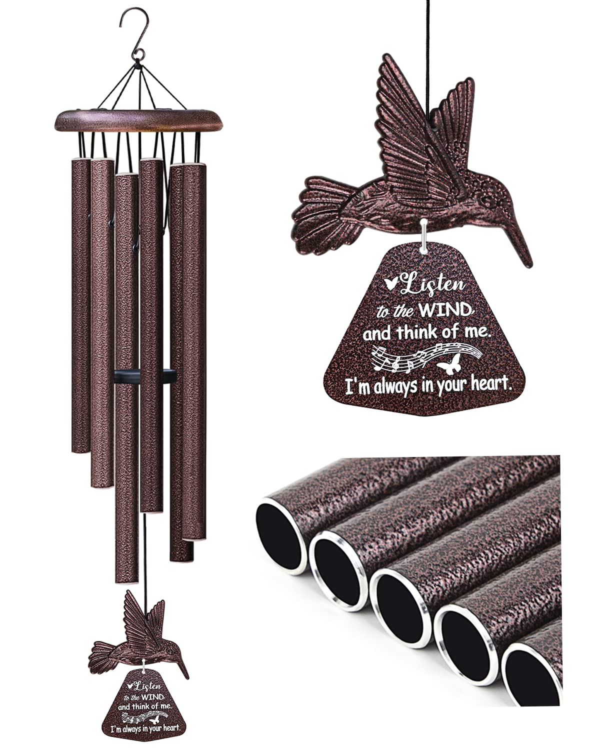 Sympathy Wind Chimes with Hummingbird Spinner — Memorial Gift with Card, Bronze Hummingbird