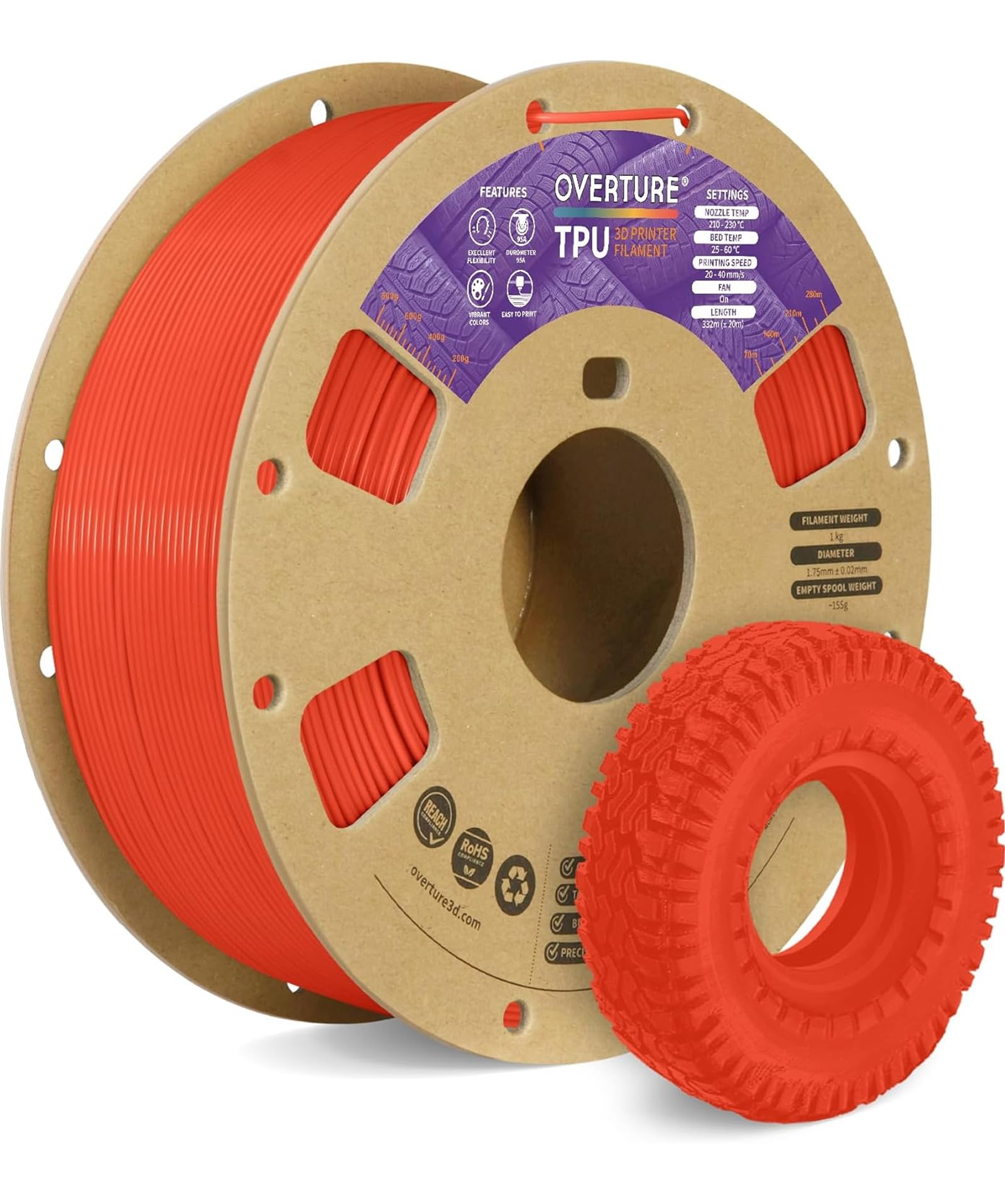 OVERTURE TPU Filament 1.75mm 95A (Neon Red) — 1kg