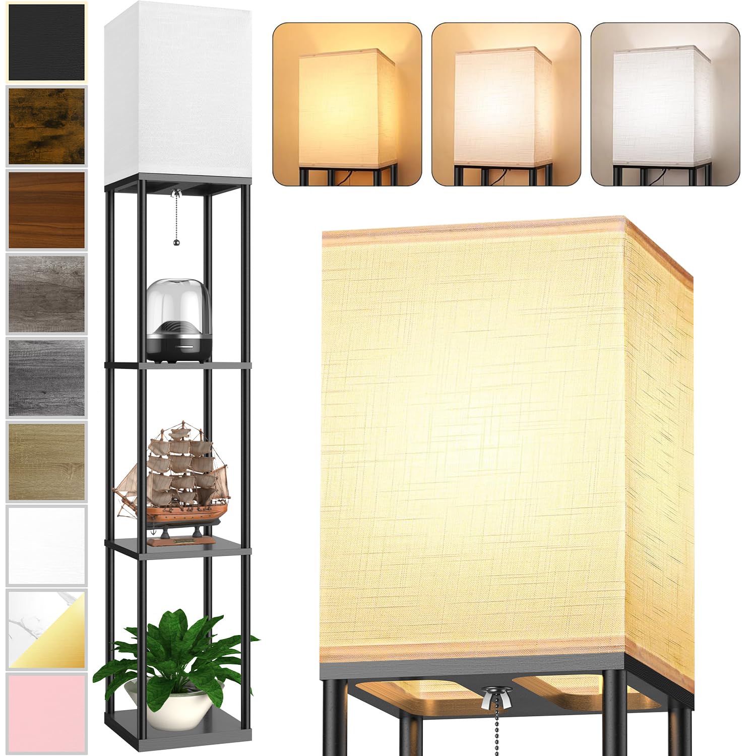 Floor Lamp with Shelves for Living Room, Shelf Floor Lamp with 3 CCT LED Bulb, Corner Display Standing Column Lamp Etagere Organizer Tower Nightstand with White Linen Shade for Bedroom, Office Black