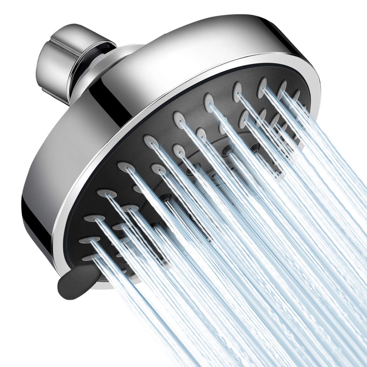 High Pressure Shower Head 5 Settings Fixed Showerhead 4 Inch with Adjustable Brass Ball Joint (Chrome)
