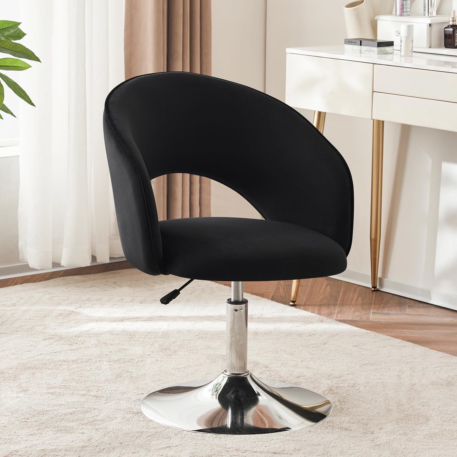 Furnimart Adjustable Velvet Vanity Chair — Height-Adjustable, Swivel, Chrome Frame (Black)