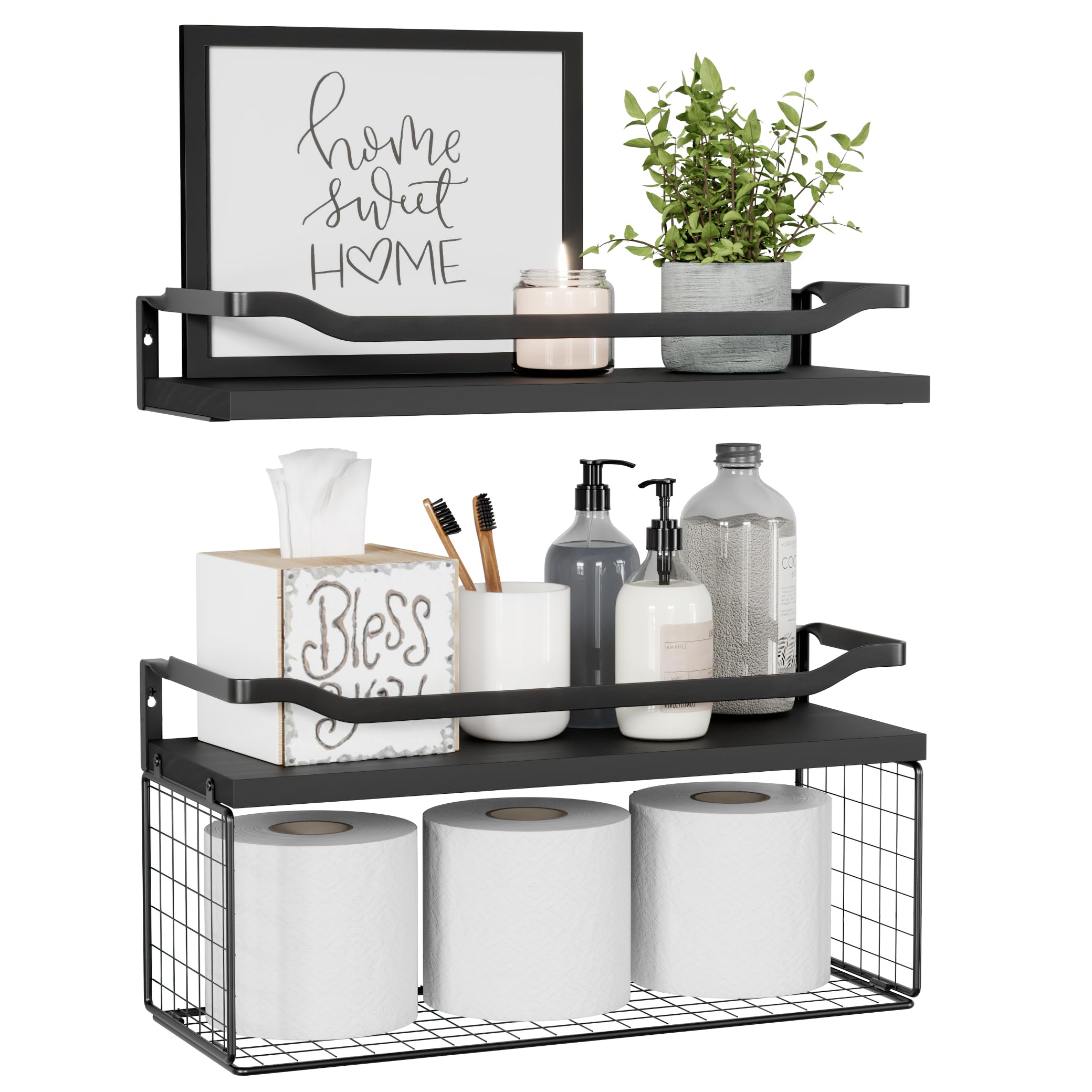 WOPITUES Floating Shelf with Wire Storage Basket