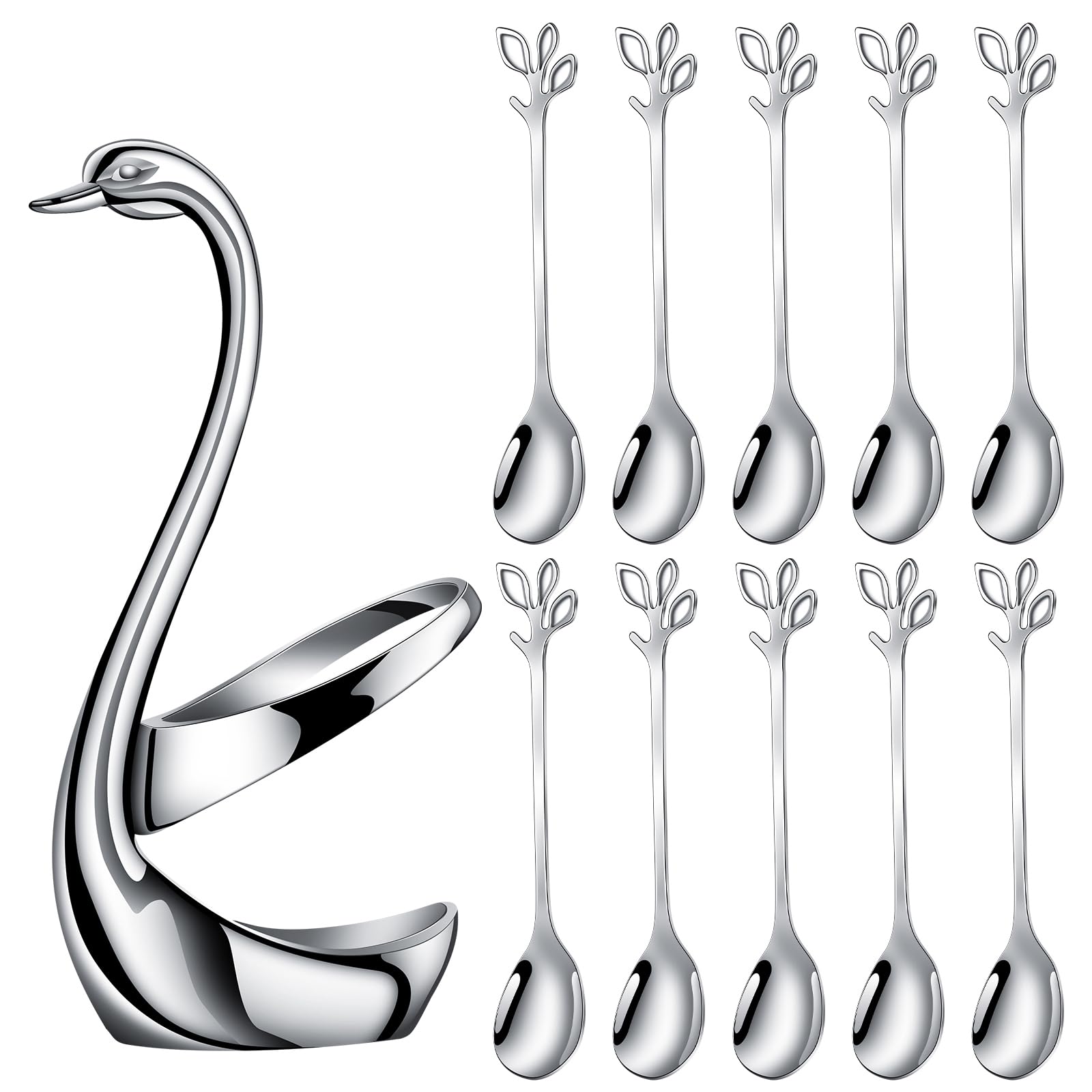 AnSaw Coffee Spoon Set with Swan Holder (10 spoons + base)