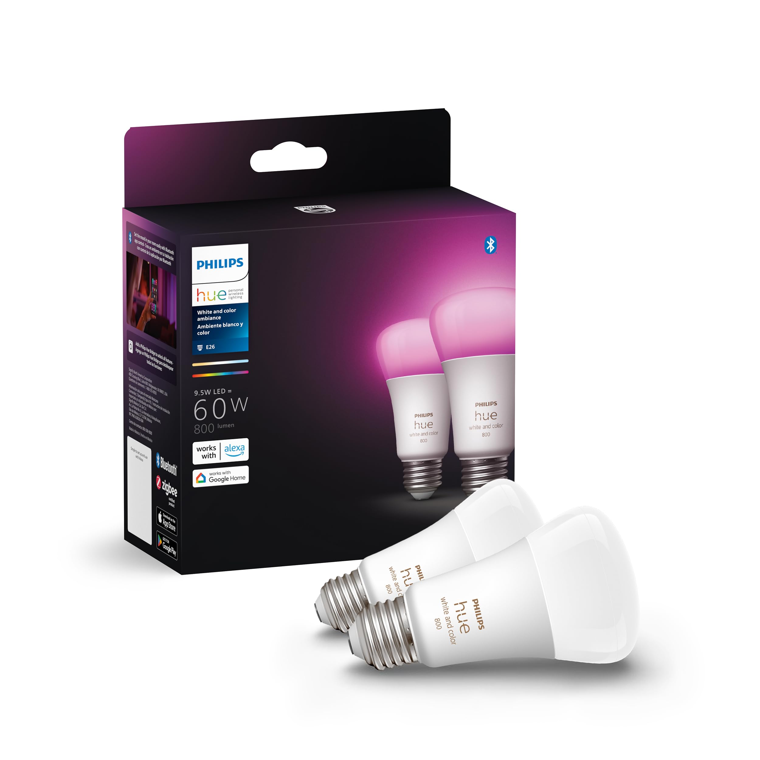 Philips Hue White & Color Ambiance A19 — Smart, Voice-Controlled, 800 Lumens (2-Pack)
