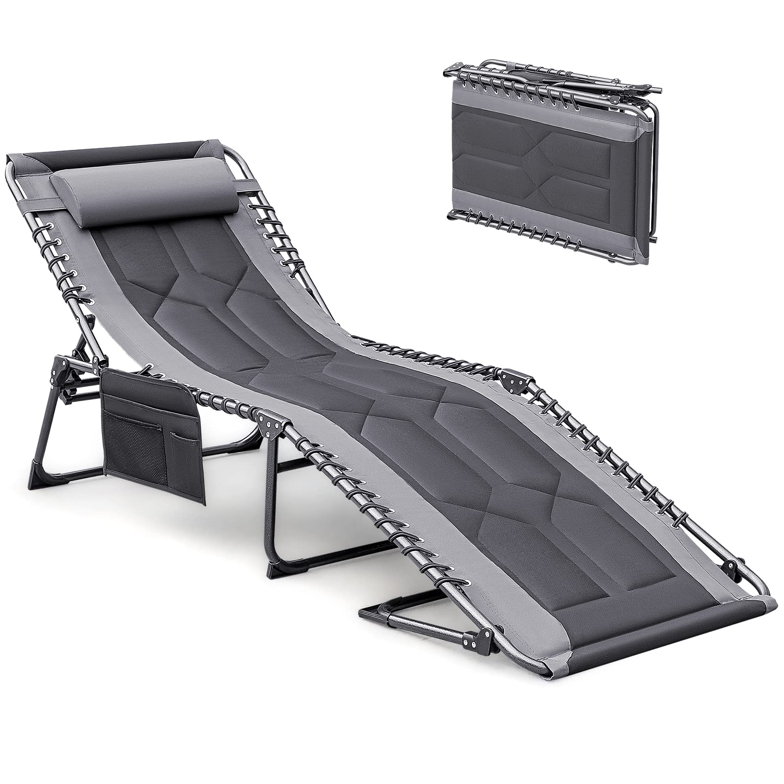 Devoko 4-Fold Padded Portable Folding Chaise Lounge — With Pillow & Side Pocket (Gray)