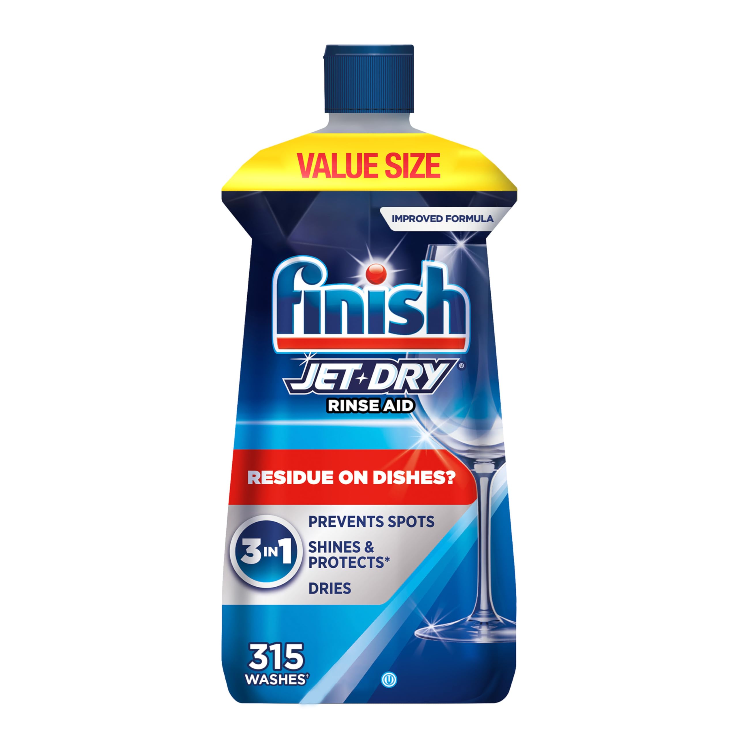 Finish Jet-Dry Dishwasher Rinse Aid, Compatible with Dishwasher Detergent, Prevents Spots & Residues, Dries, Shine & Protects, 32 oz, 315 washes 32 Fl Oz (Pack of 1)