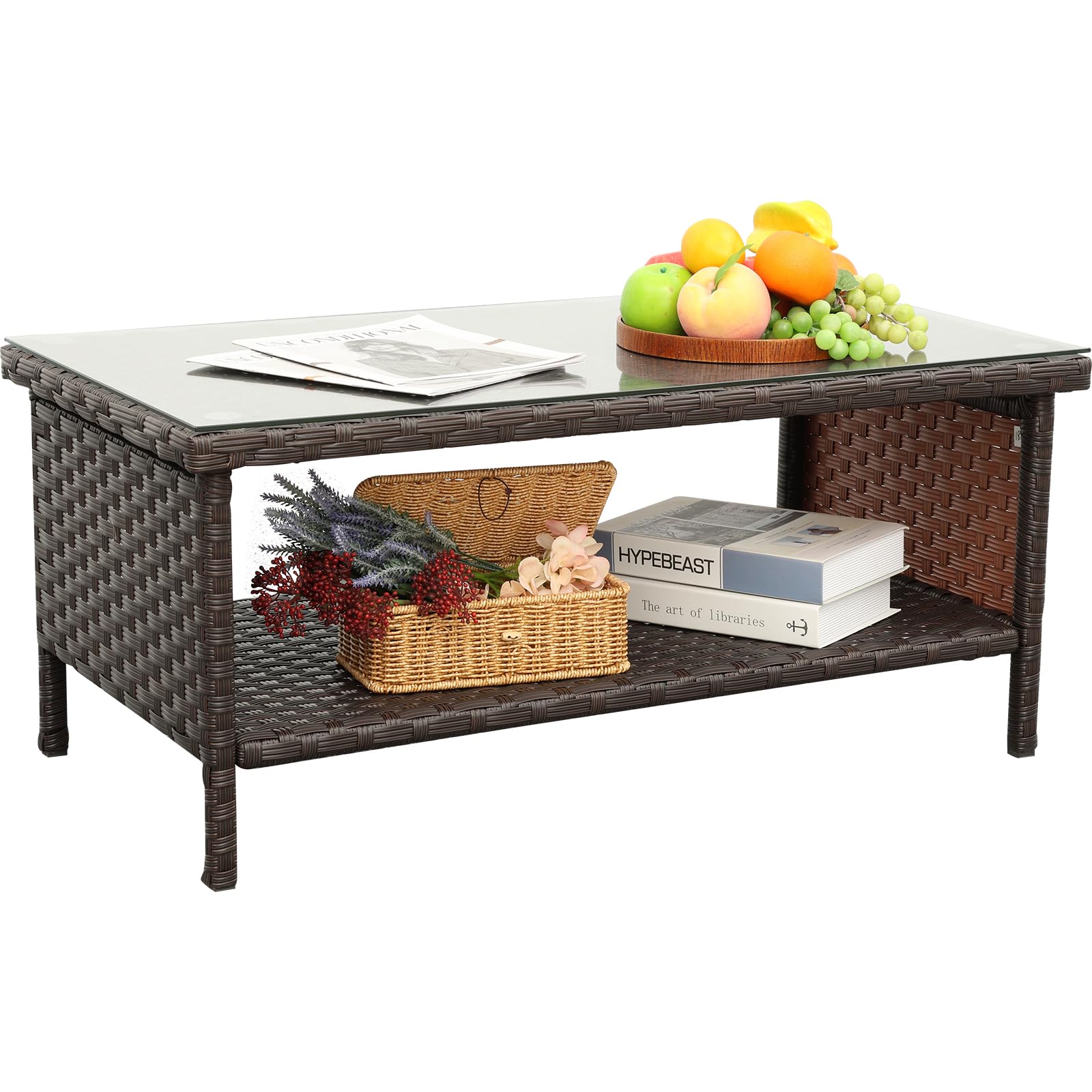 Outdoor Wicker Coffee Table with Tempered Glass