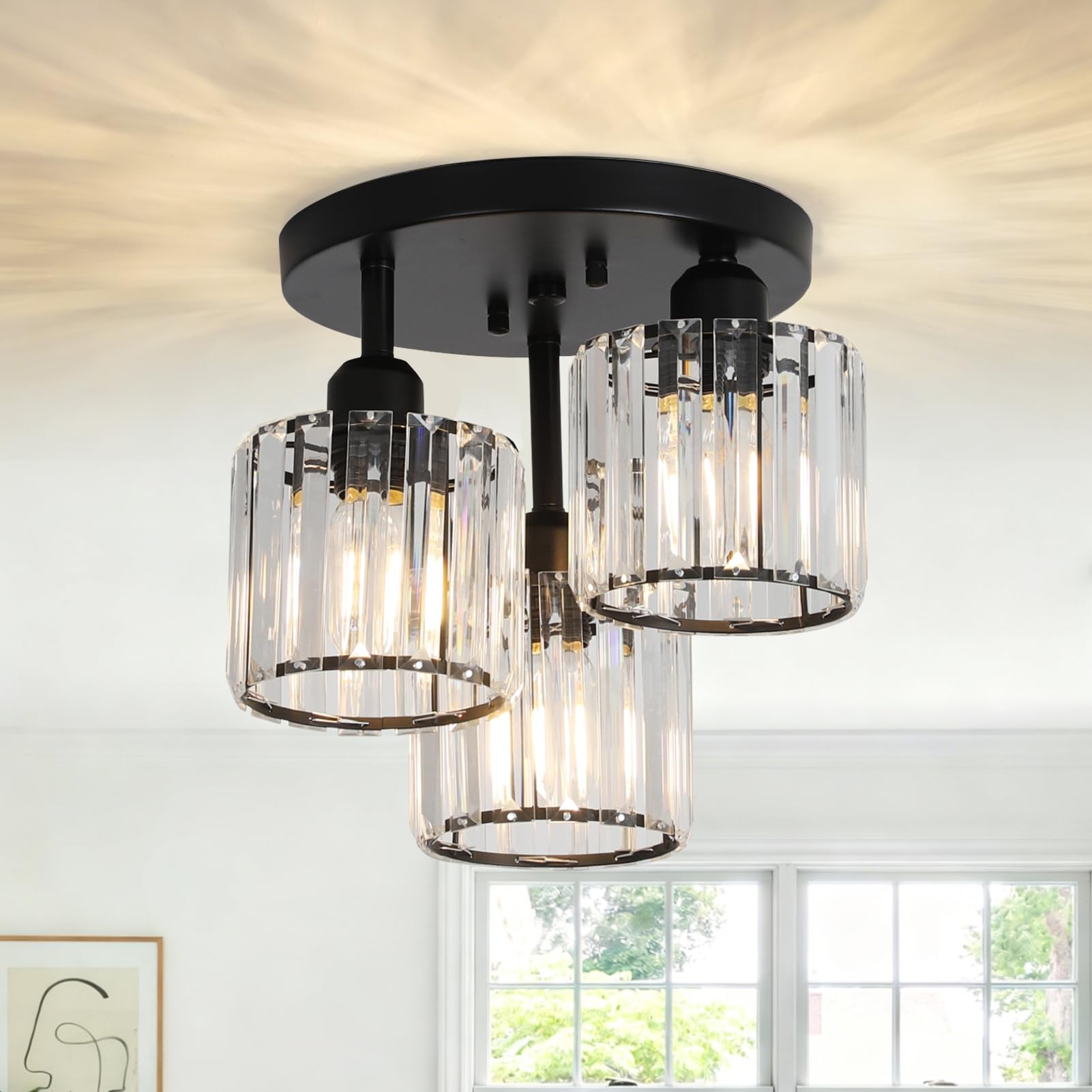 PAUFUL Crystal Semi‑Flush Mount, 3‑Light Black with Clear Crystal Shades