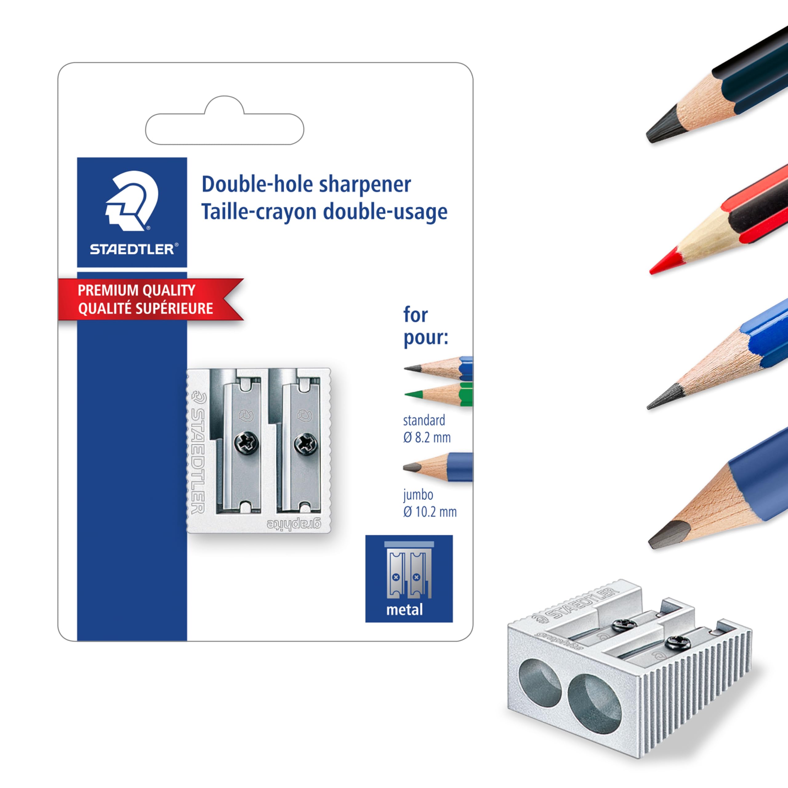 STAEDTLER Metal Double-Hole Pencil Sharpener - Precision 23° & 30° Angles for Standard & Colored Pencils - 3-Point Blade Design for Sharp Lines 1