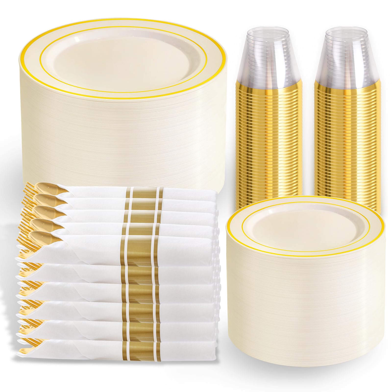 WELLIFE Ivory Gold-Rim Disposable Dinnerware
