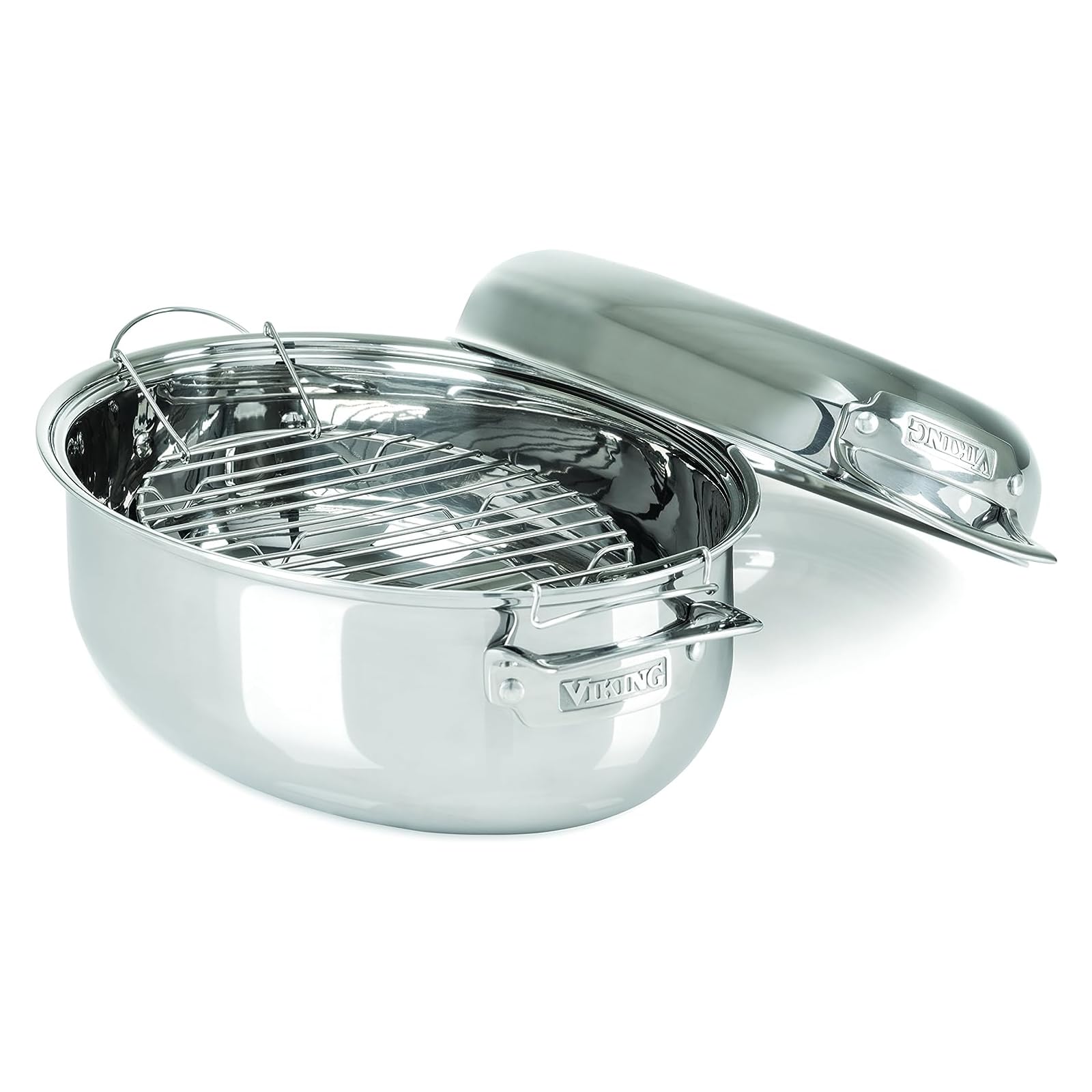 Viking 3-Ply Oval Roasting Pan, 8.5 Quart, Stainless Steel Kitchen Cookware with Metal Induction Lid and Rack, Great for Turkey, Dishwasher and Oven Safe, Silver Oval Roaster with Metal Induction Lid