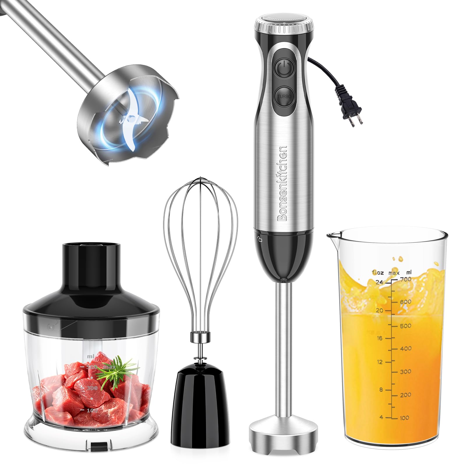Bonsenkitchen Immersion Blender Handheld with Food Processor, 20 Speeds Hand Blender with Turbo Mode, Stainless Steel Blade, Egg Whisk, Beaker & Chopper Bowl, Hand Mixer for Smoothie, Soup, Baby Food With 3 attachment