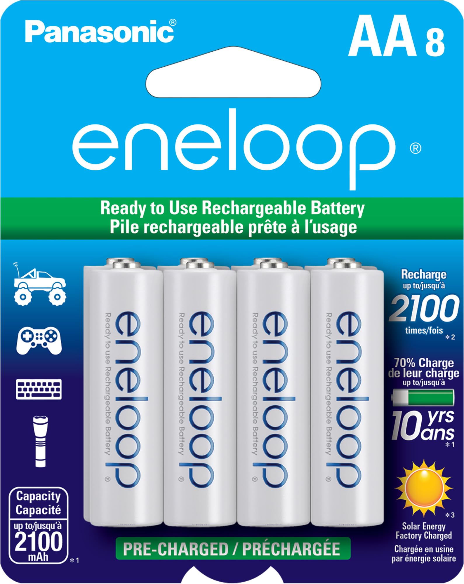 eneloop Panasonic AA (8 Pack) — low self-discharge and massive cycle life