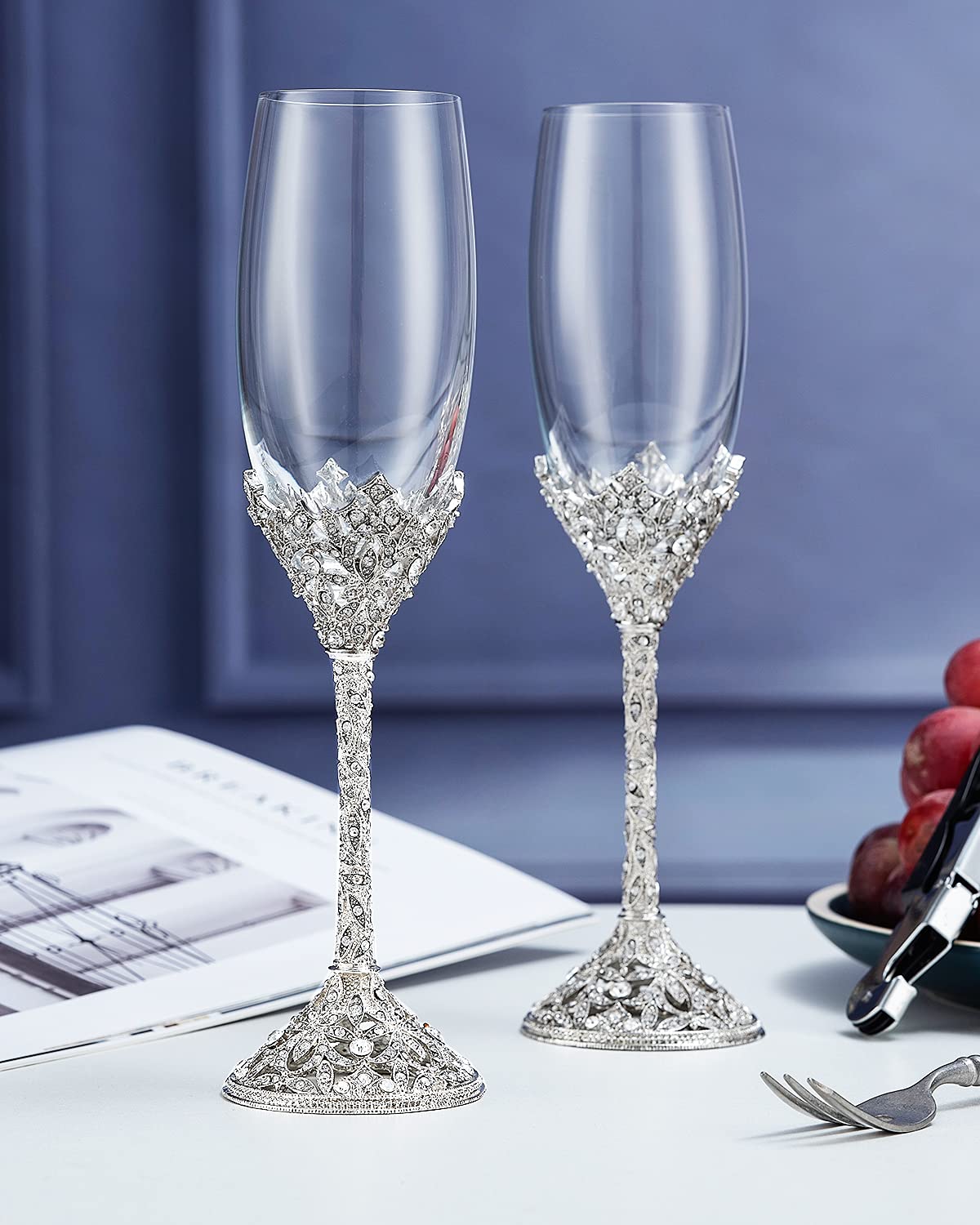 Champagne Flutes with Metal Base and Crystal Stones, Set of 2 (7oz)