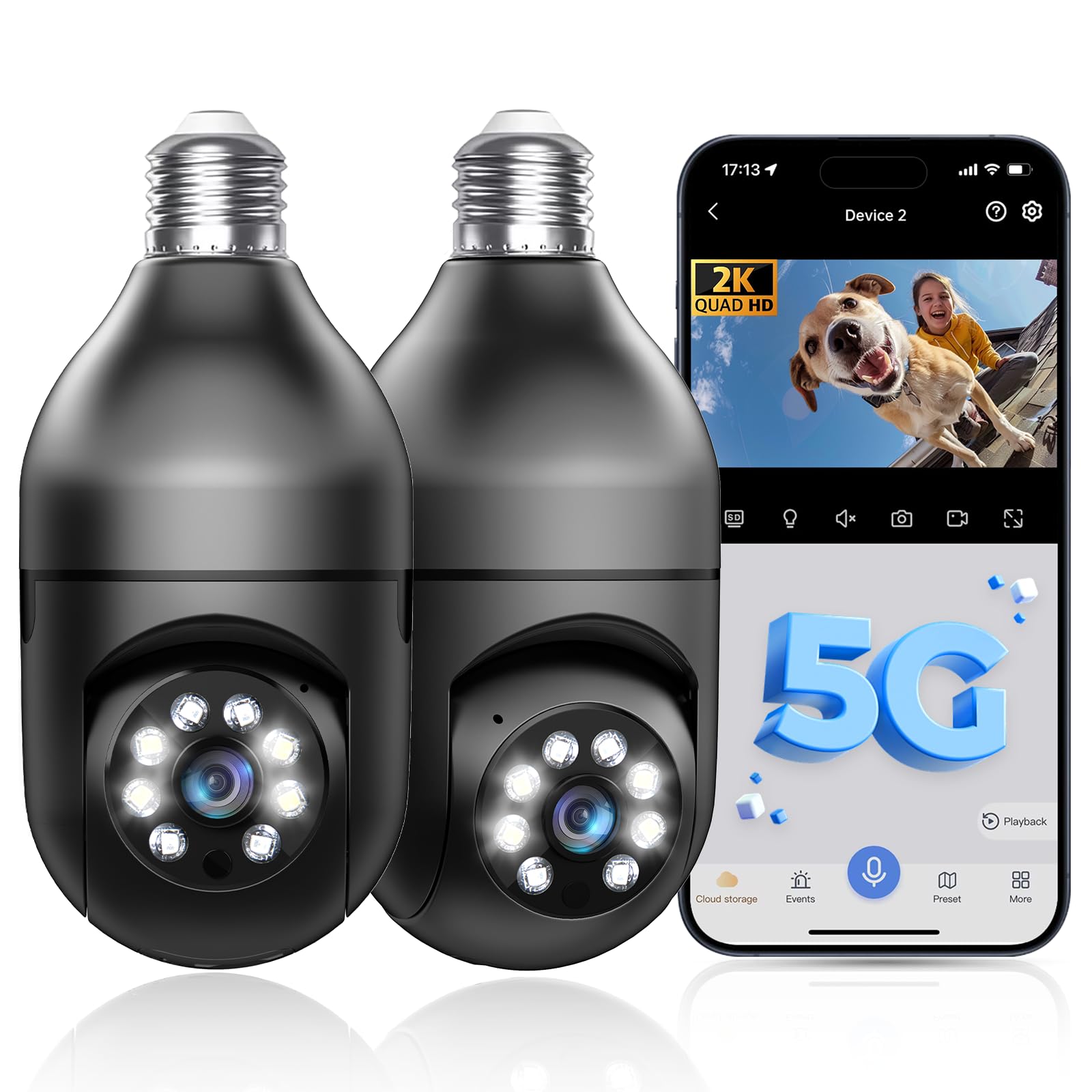 Light Bulb Security Camera 5G/2.4GHz WiFi 2K, 360 Screw in Sight Bulb Motion Detection Siren Alarm