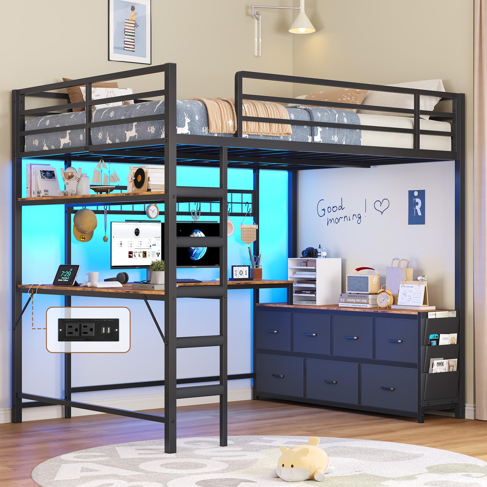 DICTAC Full Loft Bed with U‑Shaped Desk