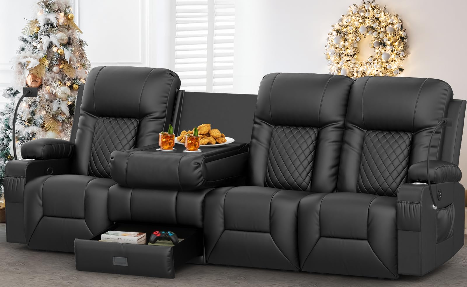 YONISEE 4-Seat Recliner Sofa with Flip Backrest, Storage Drawer, USB Ports (Black)