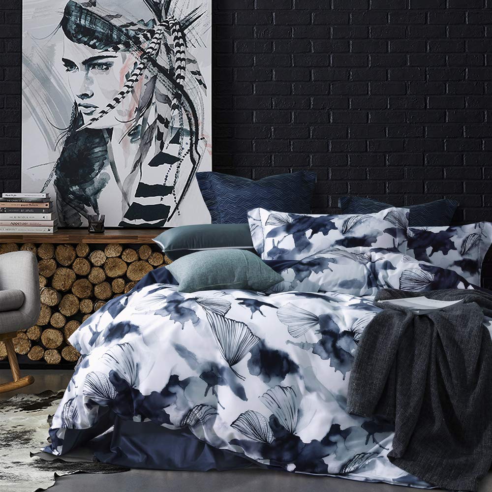 MILDLY 100% Long Staple Cotton Duvet Cover Set Dark Blue Ginkgo Leaf Watercolor Comforter Cover Set Navy Blue - Evan (No Comforter) King (104"x90")