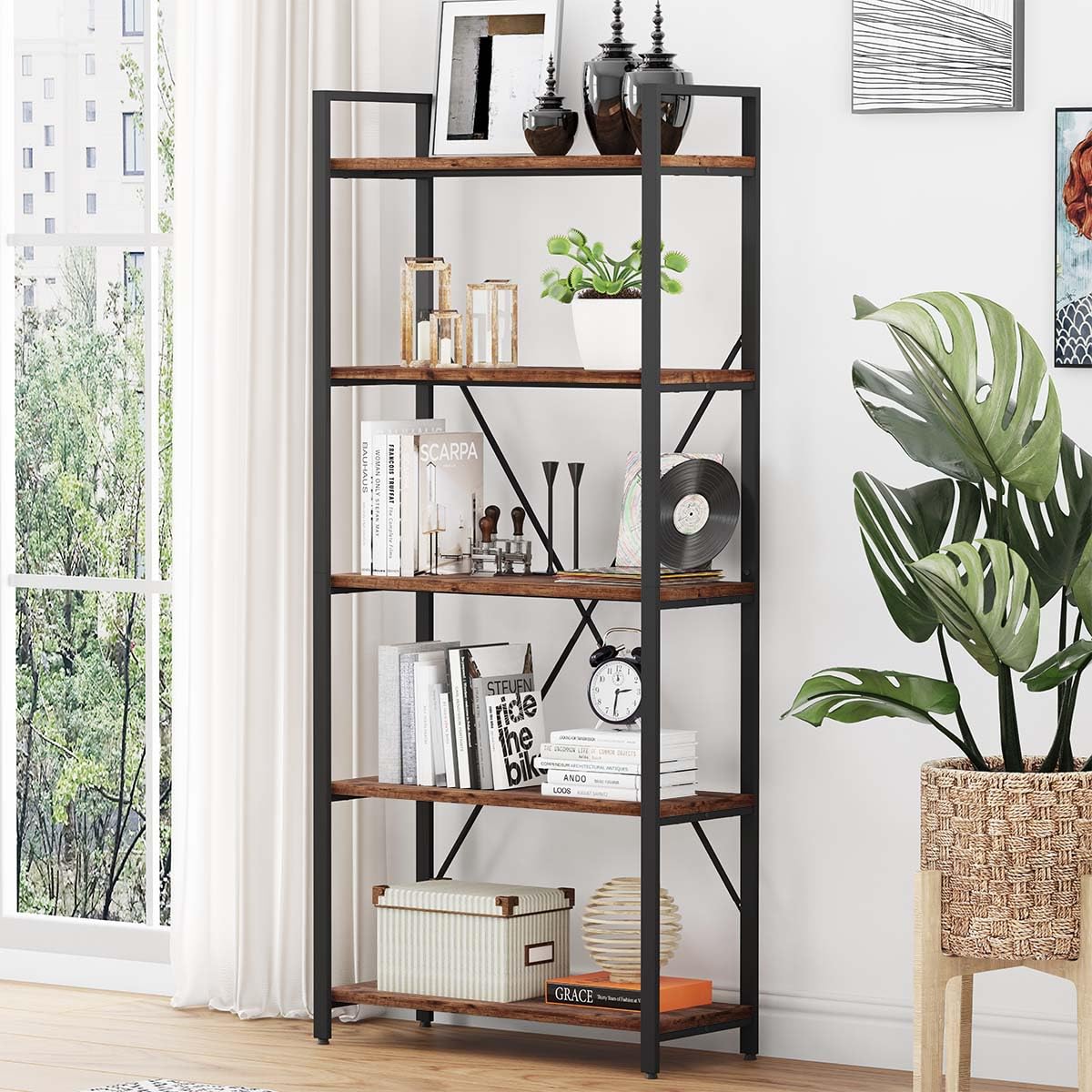 BON AUGURE 5‑Tier Industrial Bookcase