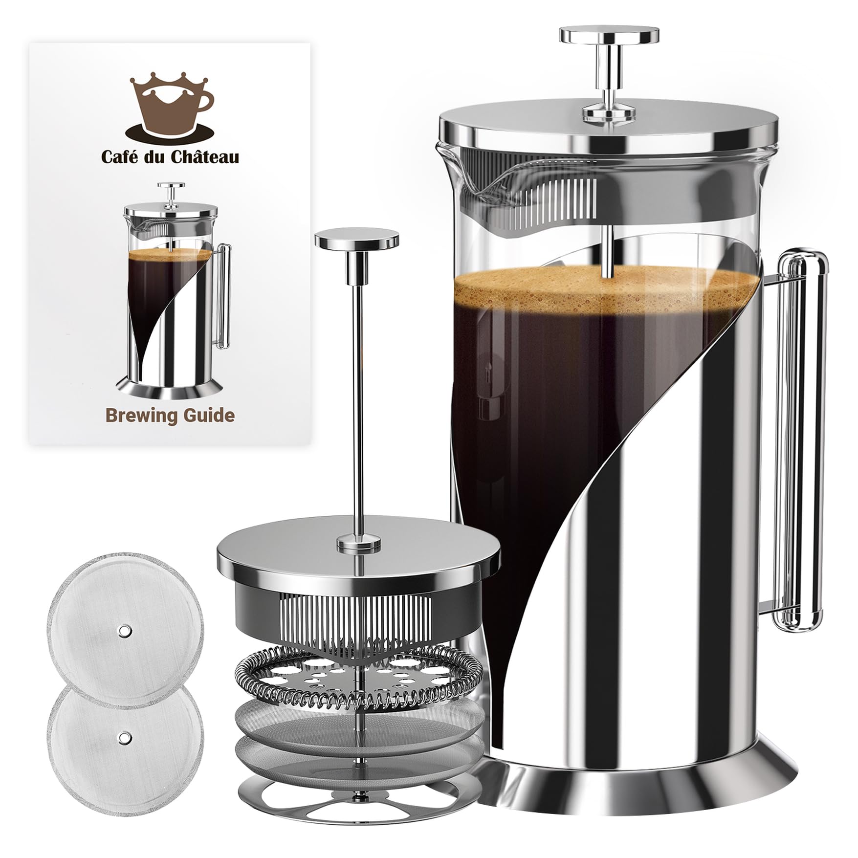 Cafe Du Chateau Stainless Steel French Press Coffee Maker 34 oz - Easy to Use Insulated Coffee Press with 4-Level Filtration, Manual Brewer for Tea, Camping & Travel with BPA Free, Durable Clear Glass A. Silver