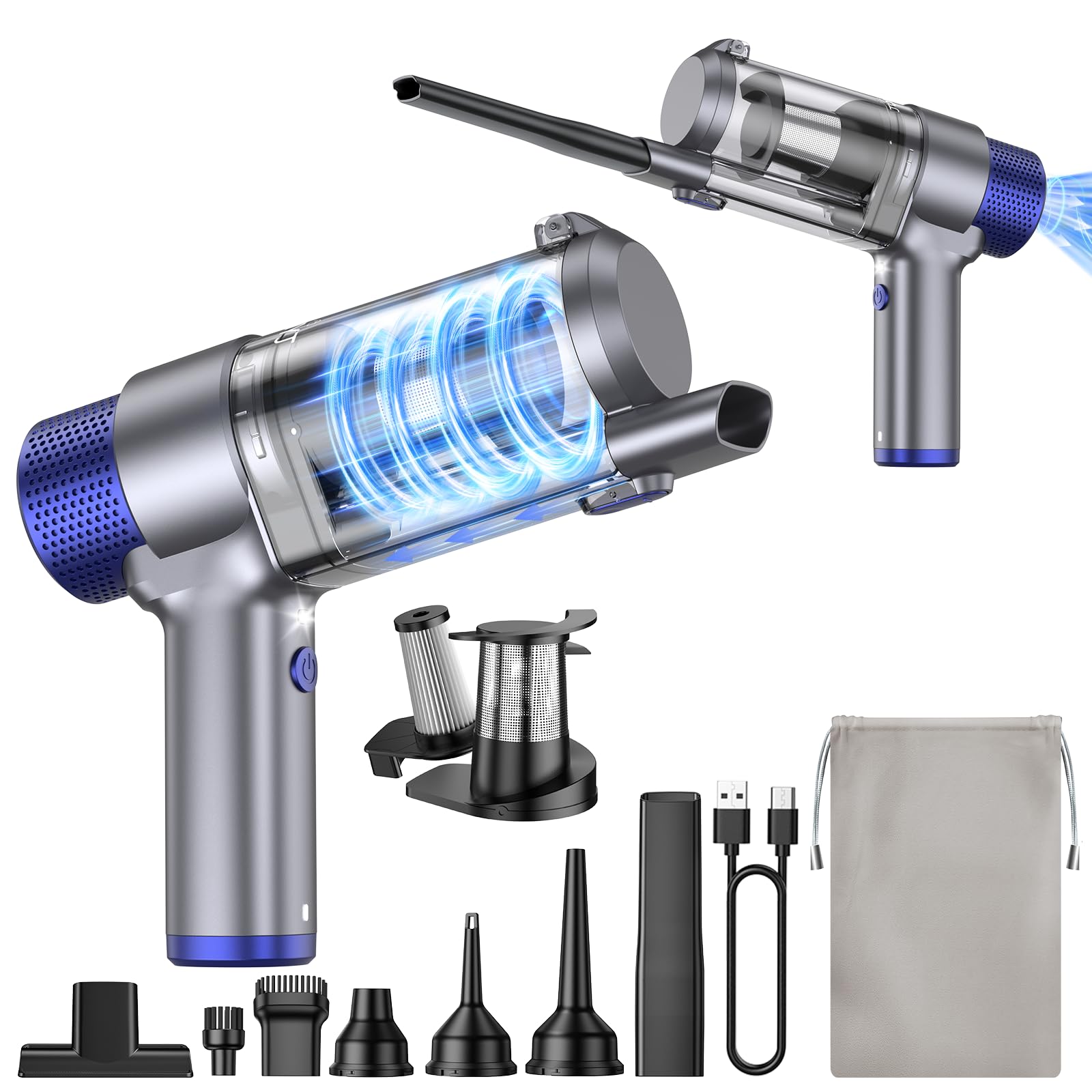 JONYJ Handheld Car Vacuum Cleaner — 16000PA, Grey & Blue