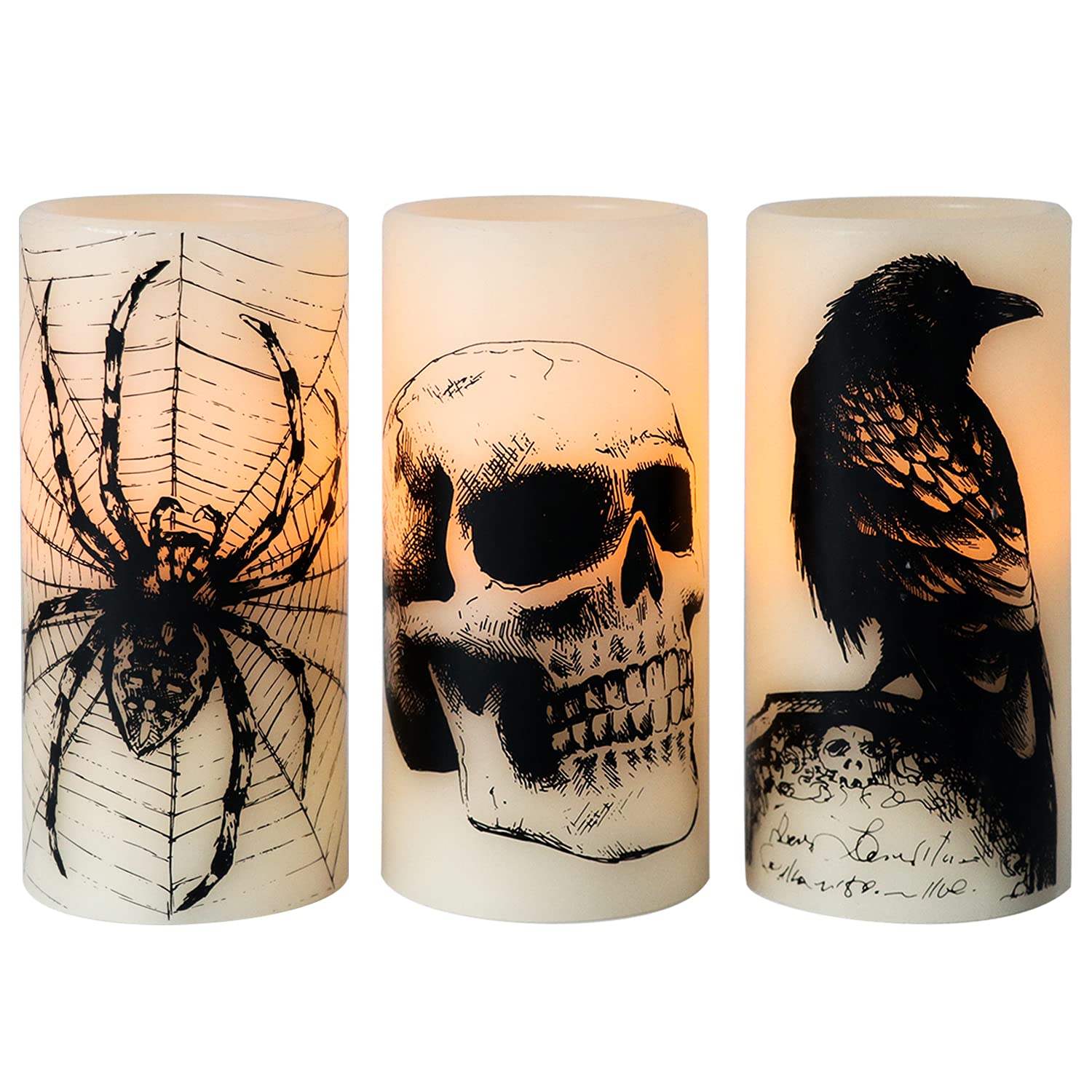 Eldnacele Halloween LED Flameless Flickering Candles — 3-Pack with Decals and Timer