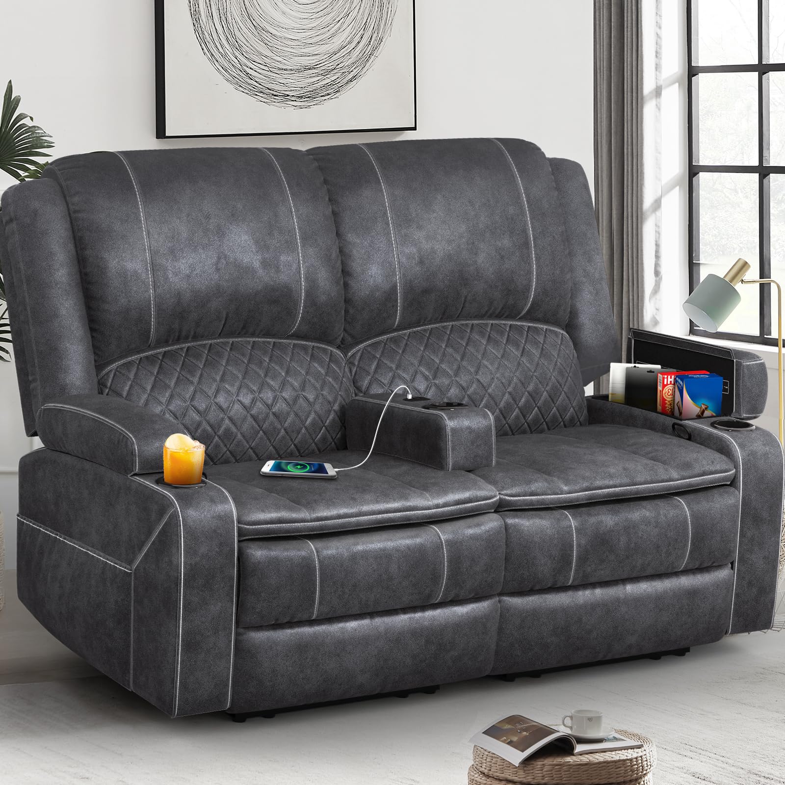 Loveseat Recliner Sofa with Removable Armrest, Dutch Velvet, USB Ports, Cup Holders (Grey)
