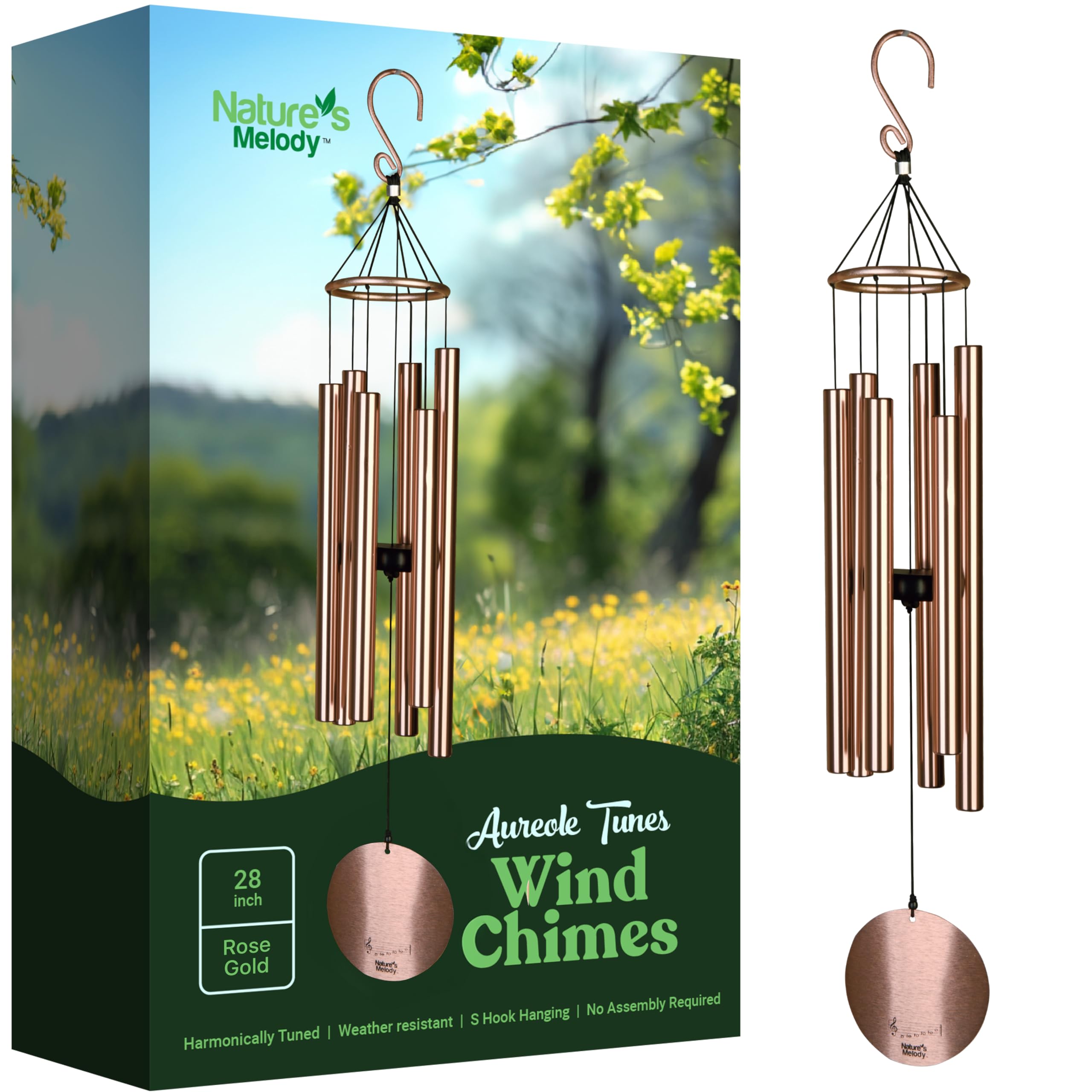 Nature’s Melody Aureole Tunes Wind Chimes — 6 Tubes Tuned to B Pentatonic, 28" Rose Gold