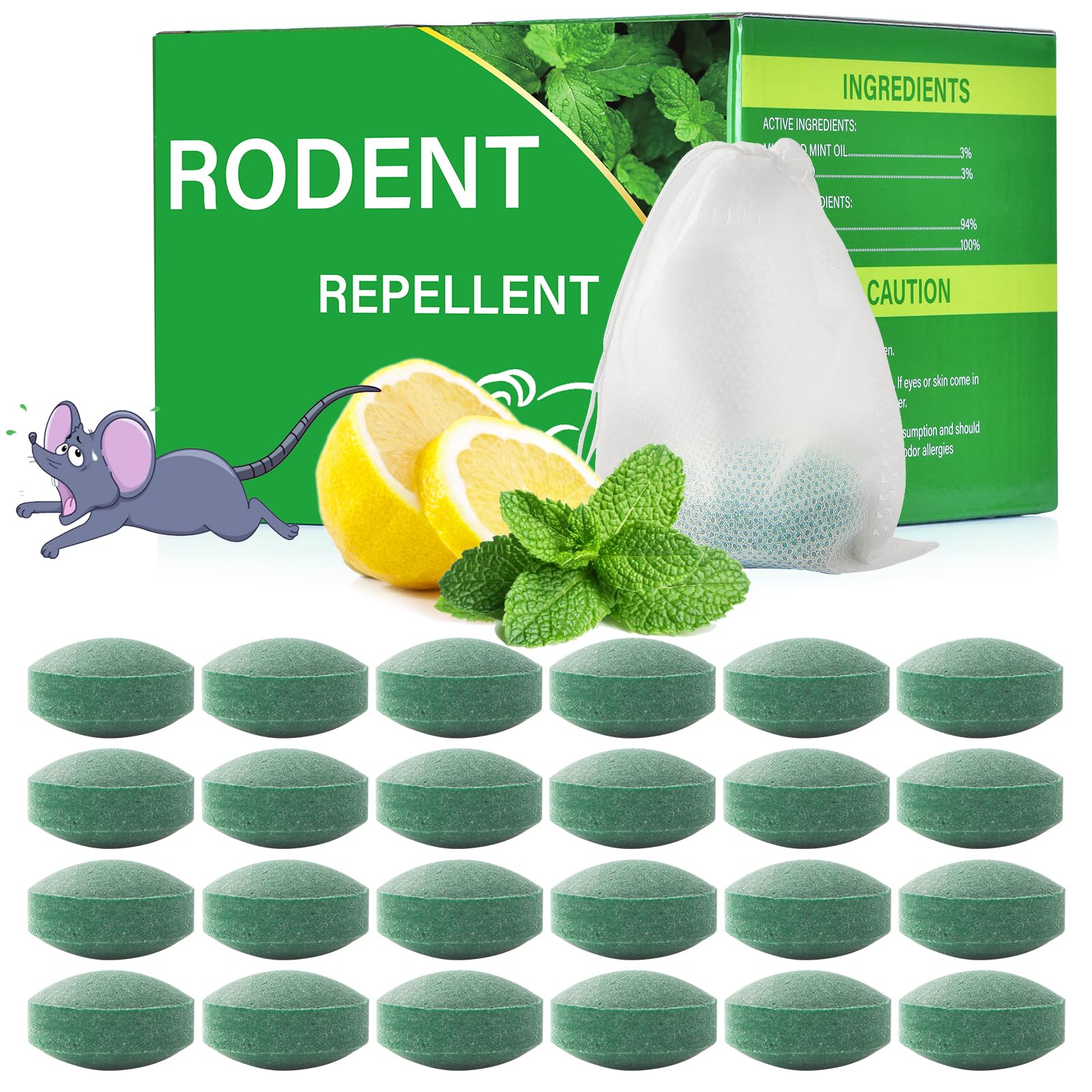 Mouse Rodent Repellent, 24 Pack Peppermint Oil Pellets for Indoor & Outdoor Use