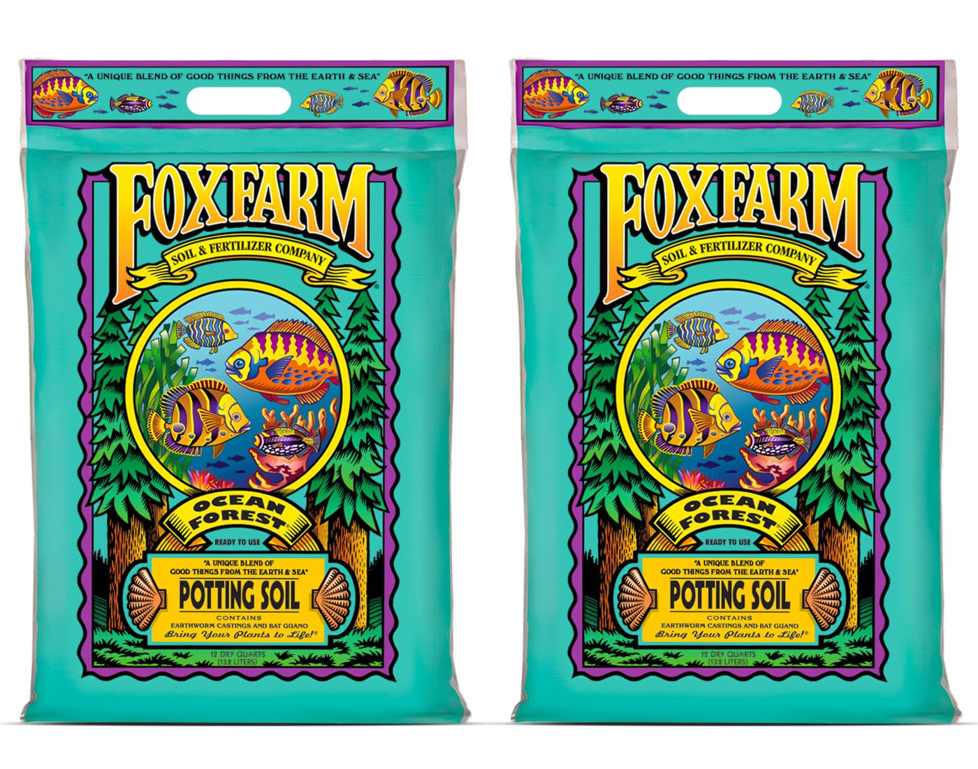 FoxFarm Ocean Forest Potting Soil for Container Gardens - Light, Aerated Texture with Fish Meal, Crab Meal, Earthworm Castings - 2 x 12 Quart