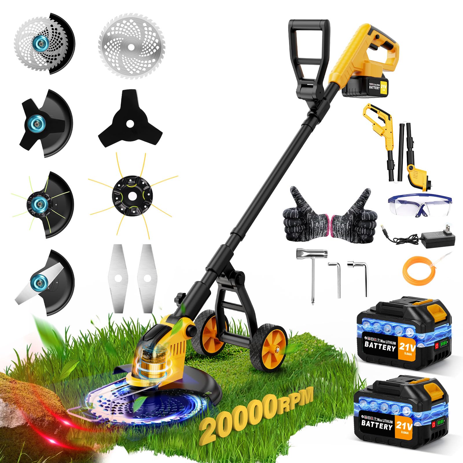 20000 RPM Brushless Electric Weed Wacker Cordless with Wheel, 12'' Weed Eater Battery Powered Brush Cutter, 4-in-1 Grass Trimmer Stringless Weed Trimmer Lawn Mower Edger W/Wheel Metal Blade Battery yellow