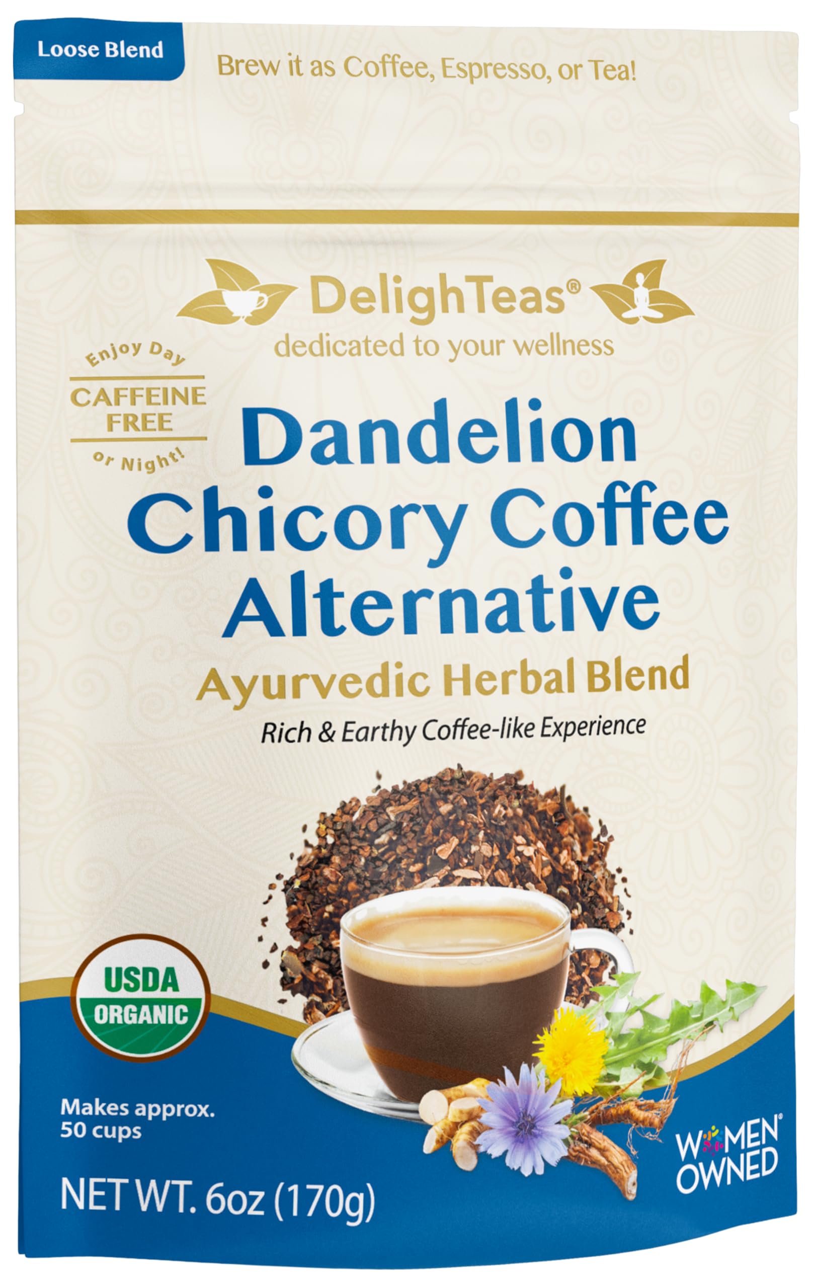 DelighTeas Organic Ayurvedic Chicory Dandelion Blend (6 oz, 50 servings)