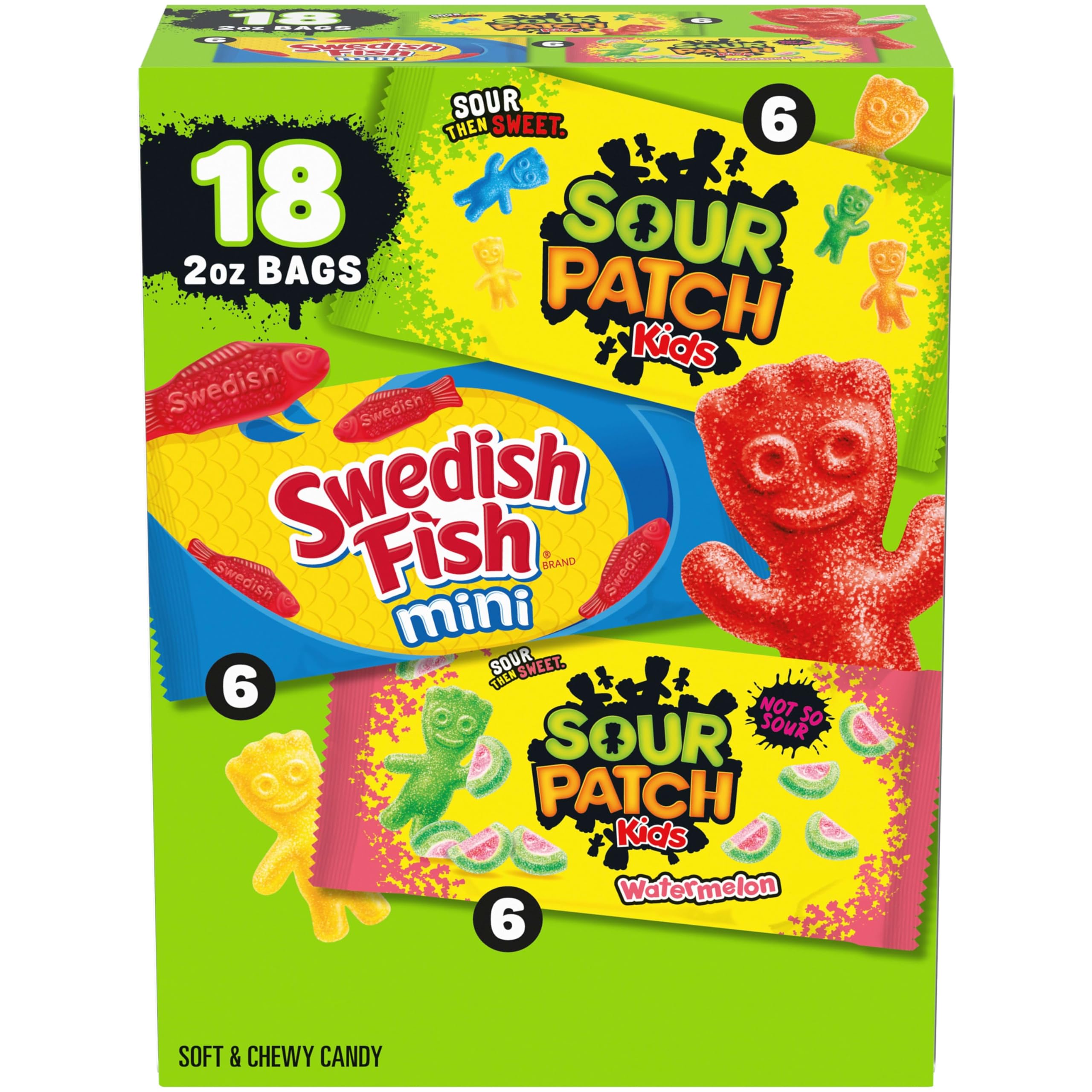 SOUR PATCH KIDS & SWEDISH FISH Mini Variety Pack, 18 2‑oz Bags