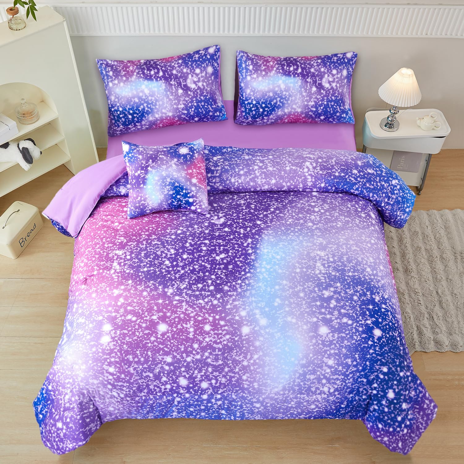 PERFEMET Girls Bed in A Bag Queen Size Colorful Rainbow Queen Comforter Set with Sheets Tie Dye Fluffy Bedding Set for Teen Girl Women 3D Glitter Ombre Bed Sets (Purple Pink, Queen) Pink and Purple Queen