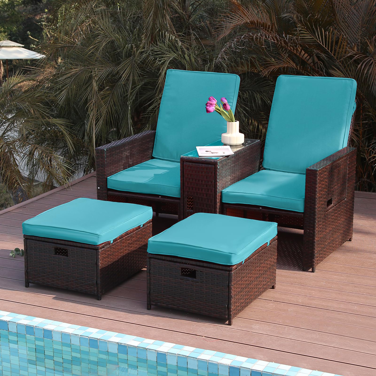 Adjustable Patio Wicker Loveseat with Ottoman