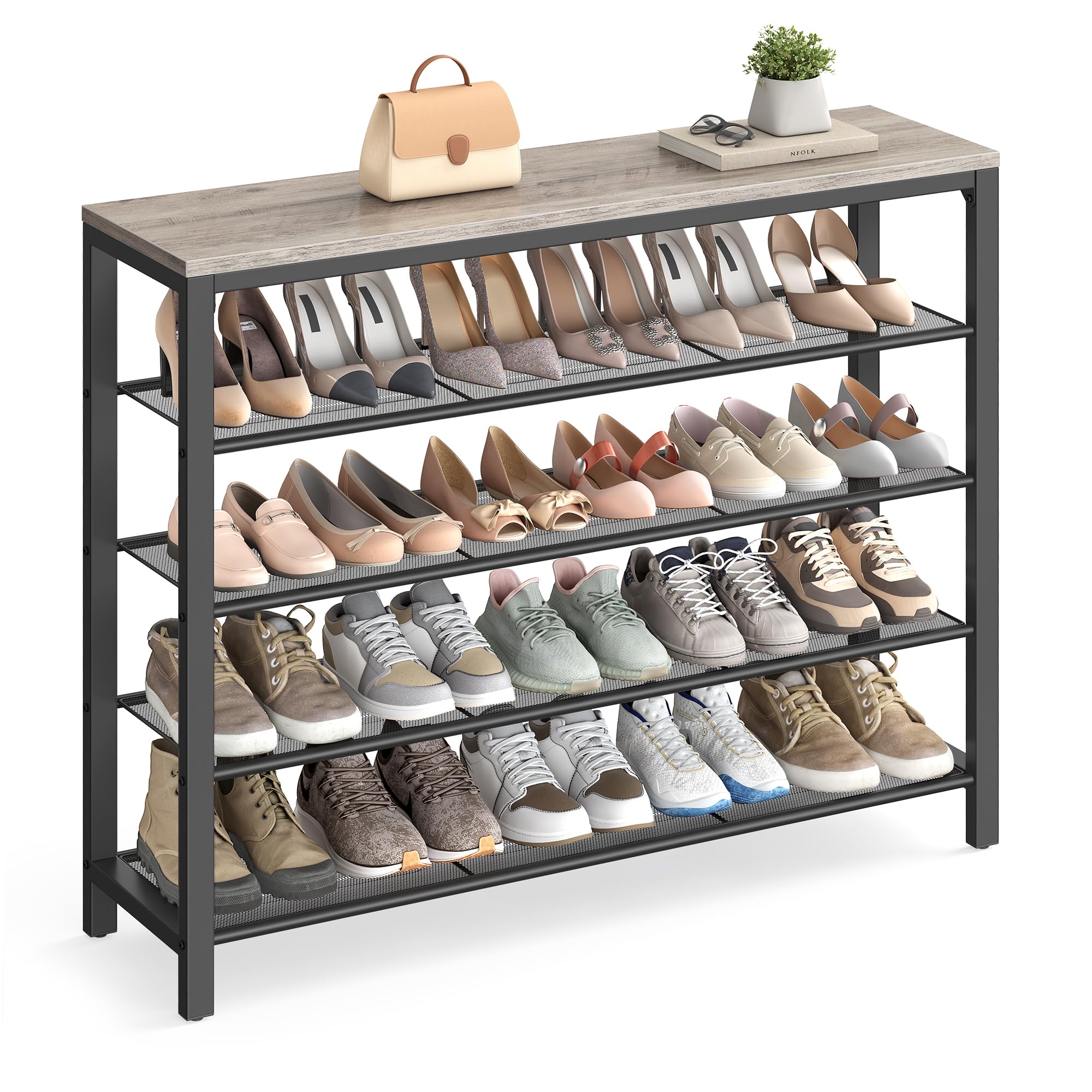 VASAGLE 5-Tier Mesh Shoe Rack with Wood Top