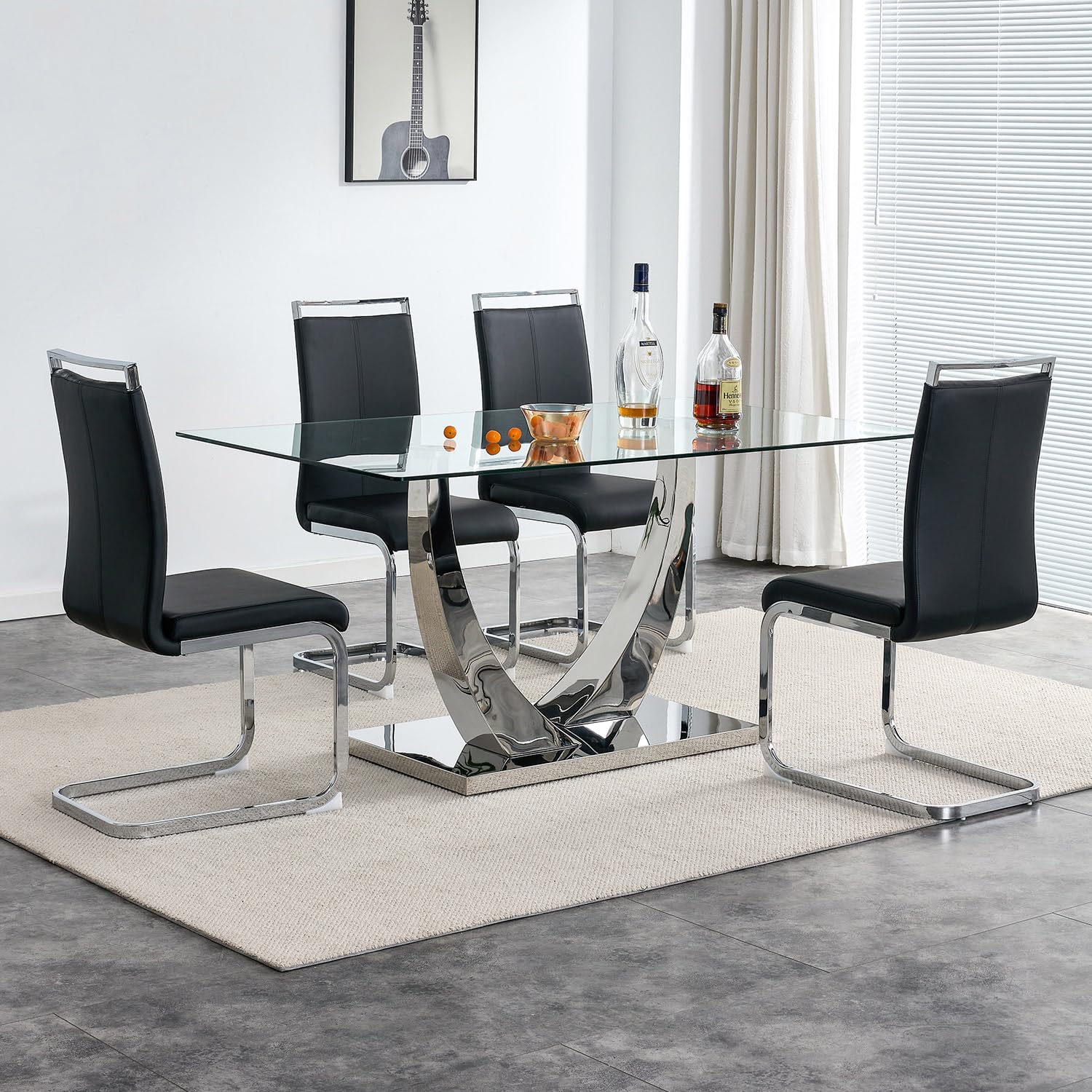 63” Glass Dining Table Set for 4, Tempered Glass Top with Chrome Base and PU Chairs